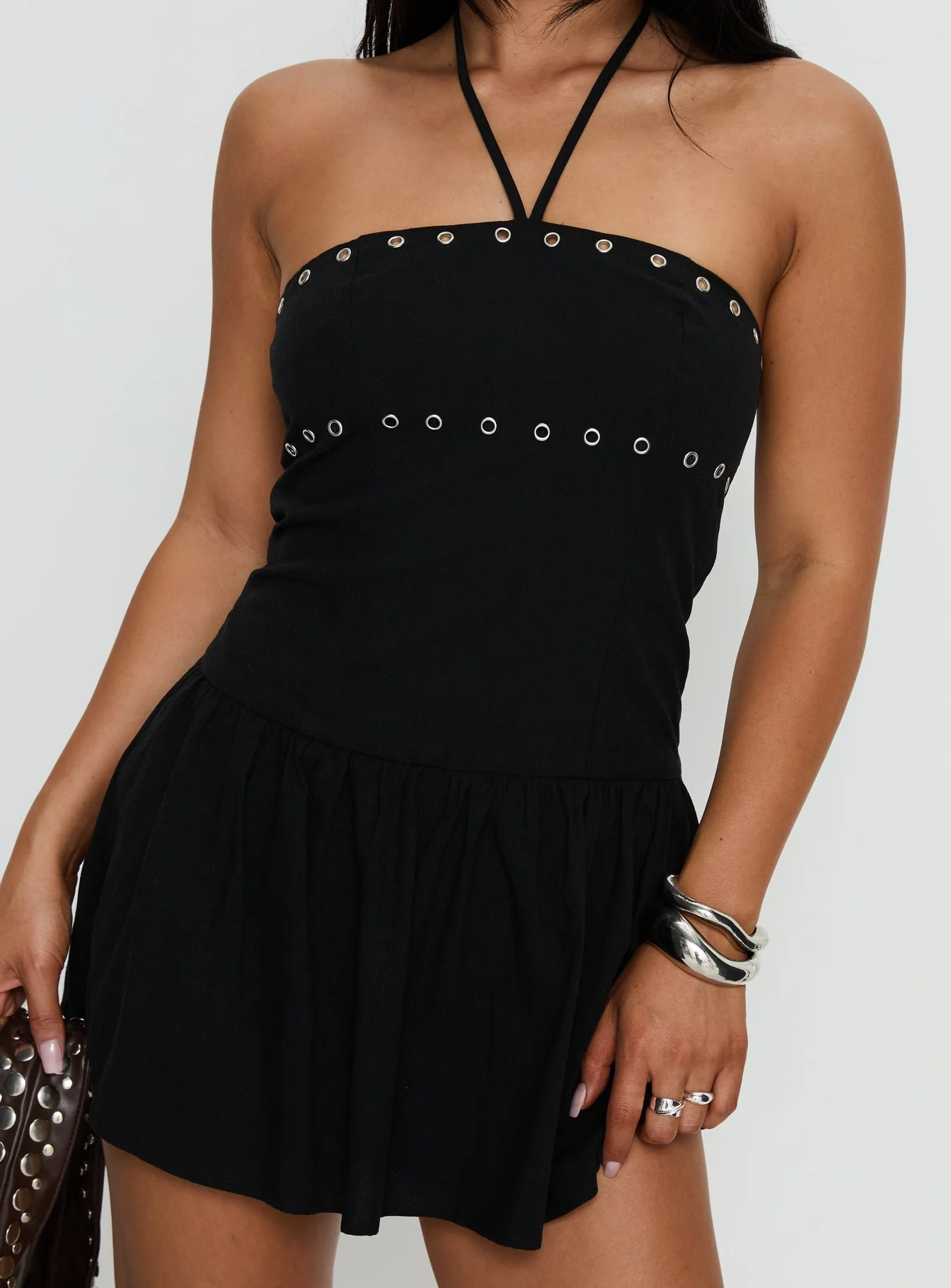 Nidia Eyelet Tie Neck Playsuit Black
