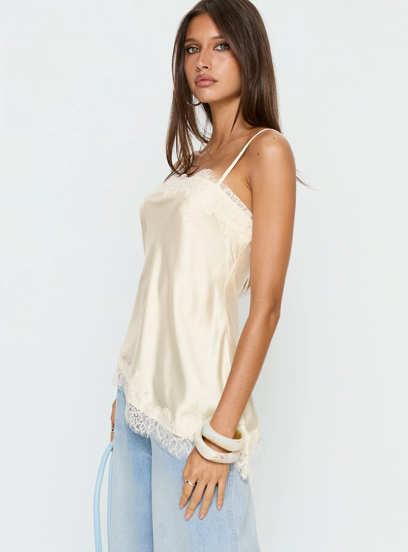 Winta Lace Trim Asymmetrical Satin Top Cream