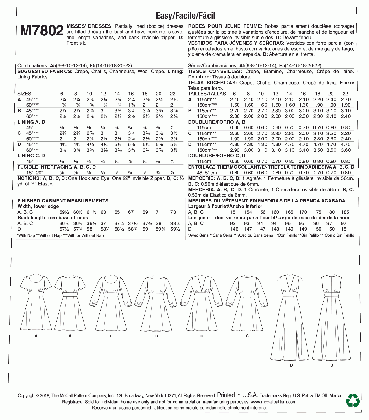 McCall's Pattern M7802 Misses' Dresses