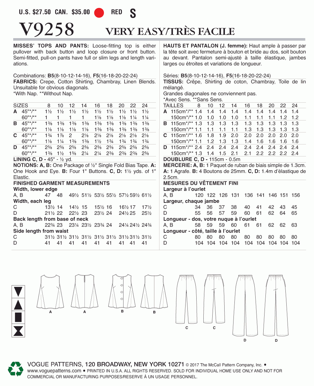 Voguepattern V9258 Misses' Sleeveless Tops with Pull-On Pants