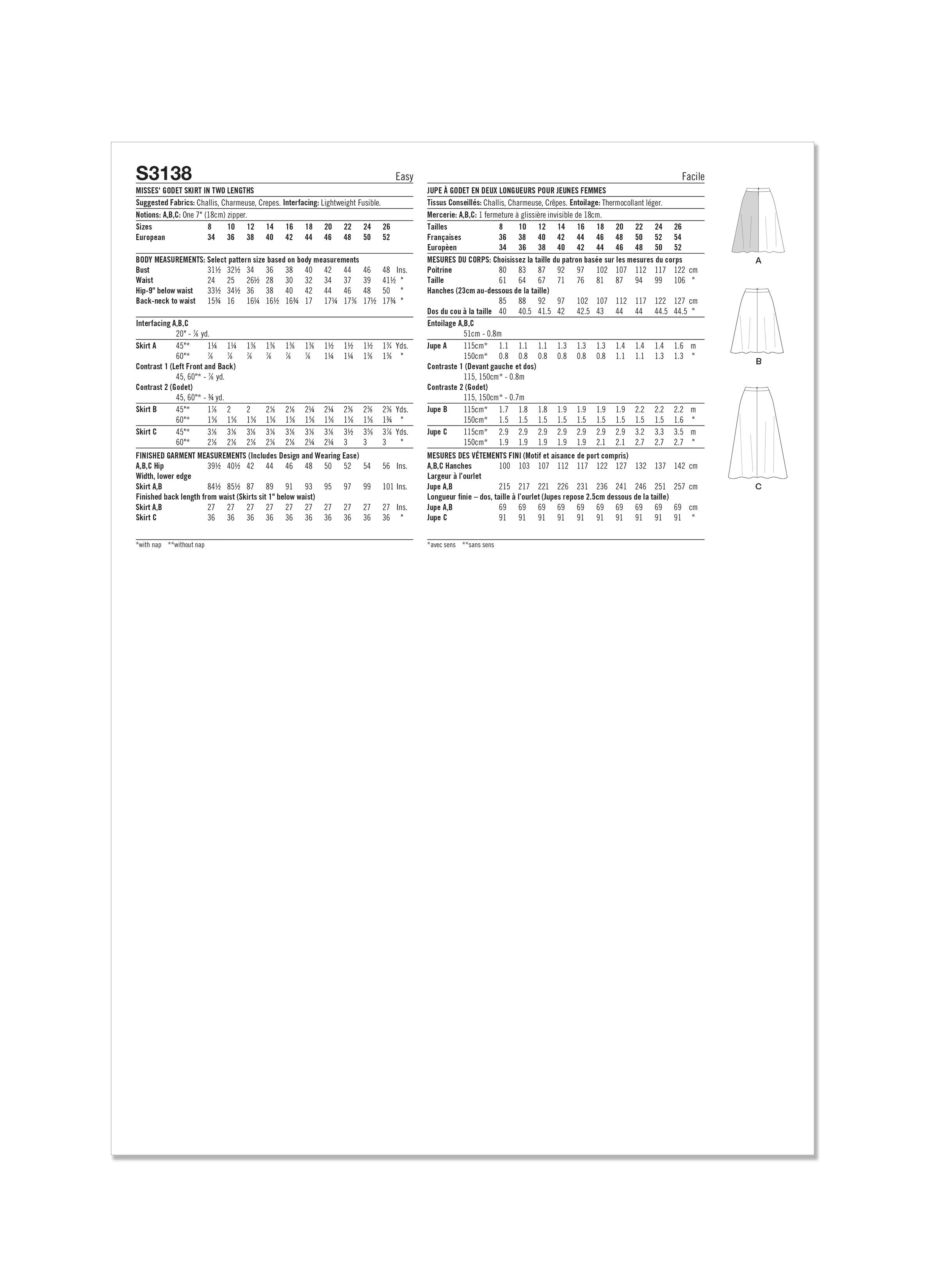 Simplicity Pattern S3138 Misses' Godet Skirt in Two Lengths
