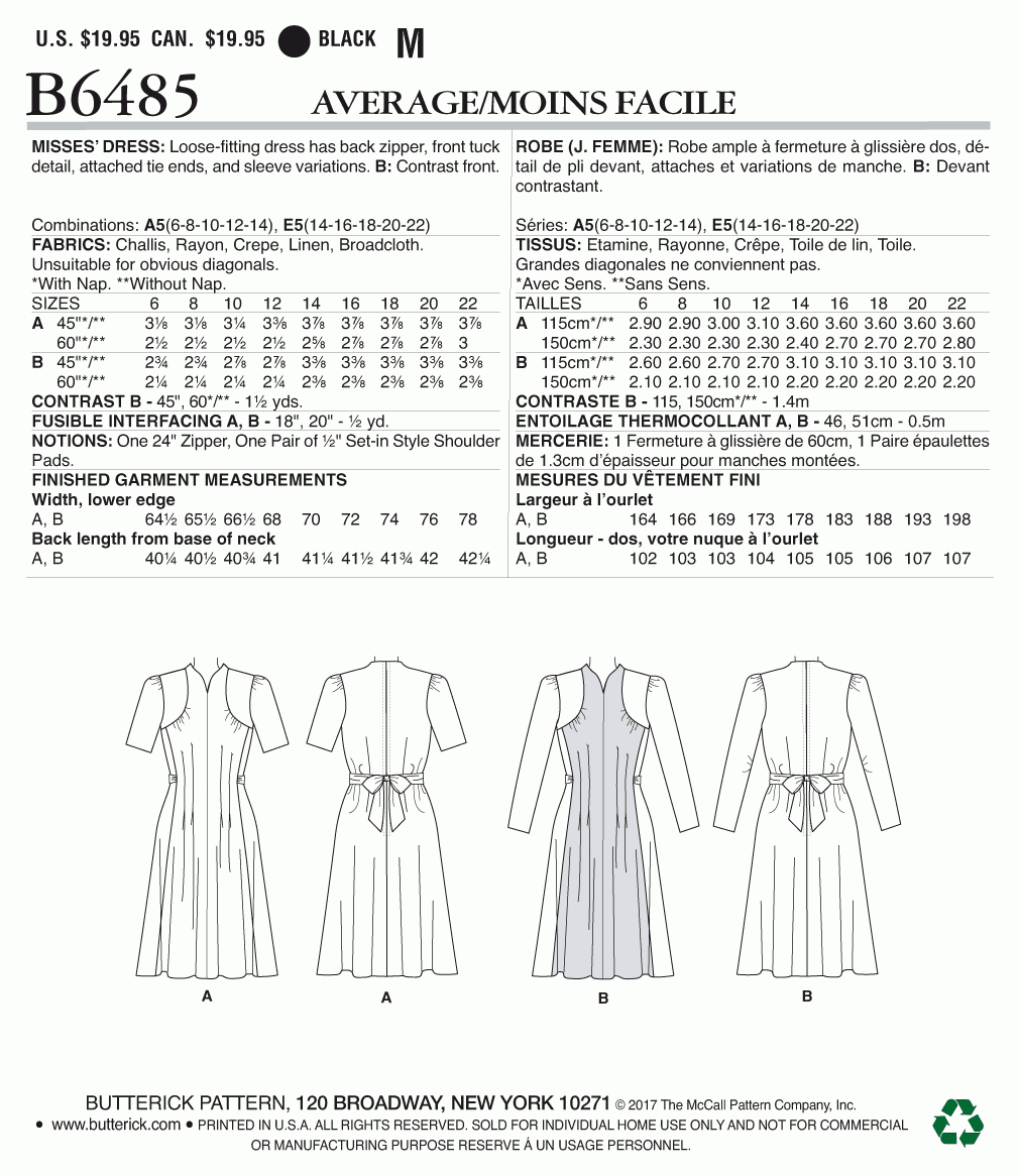Butterick Pattern 6485 Misses' Dresses with Shoulder and Bust Detail, Waist Tie, and Sleeve Variations
