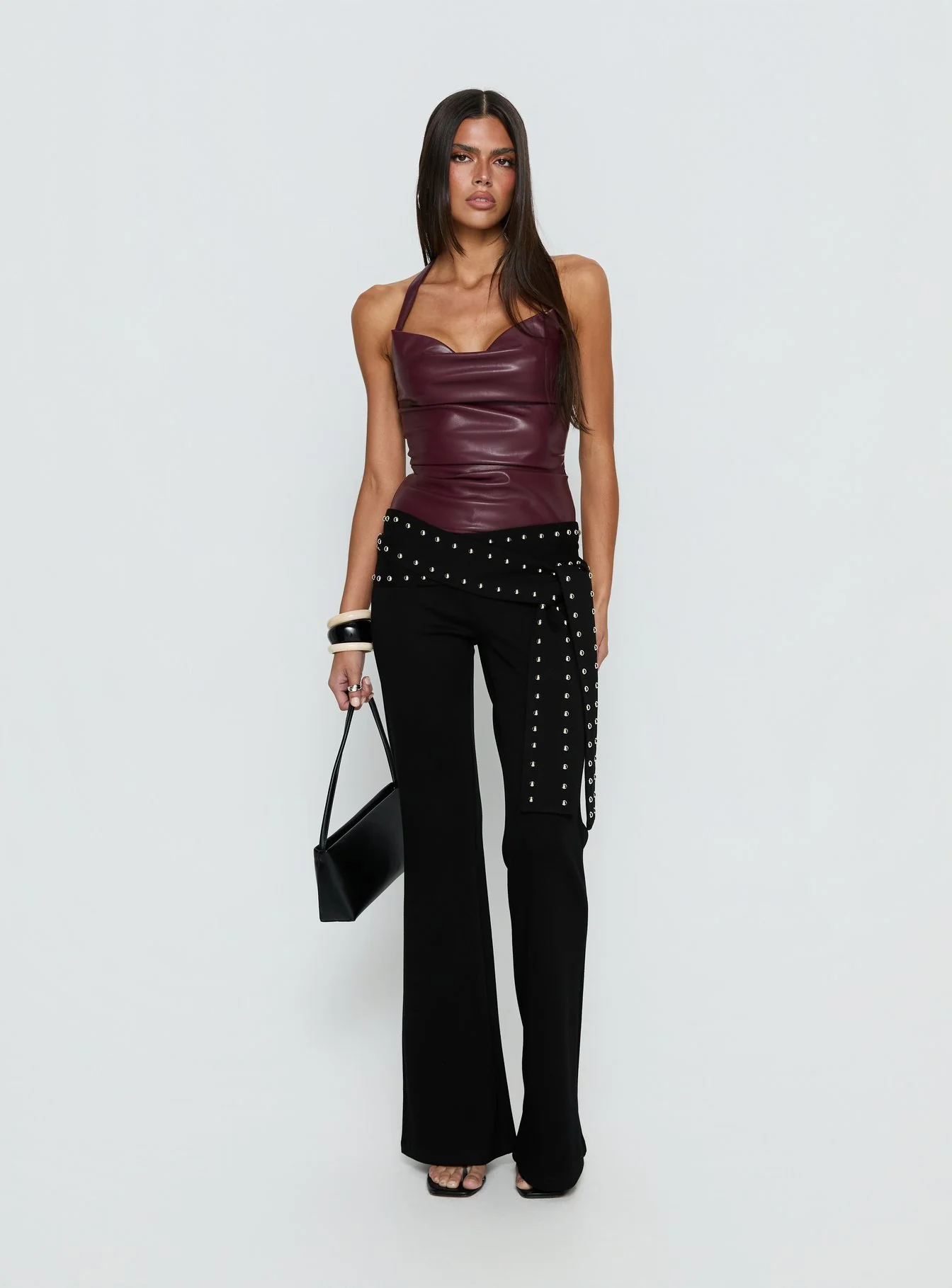 Thunderbolt Faux Leather Cowl Neck Top Plum