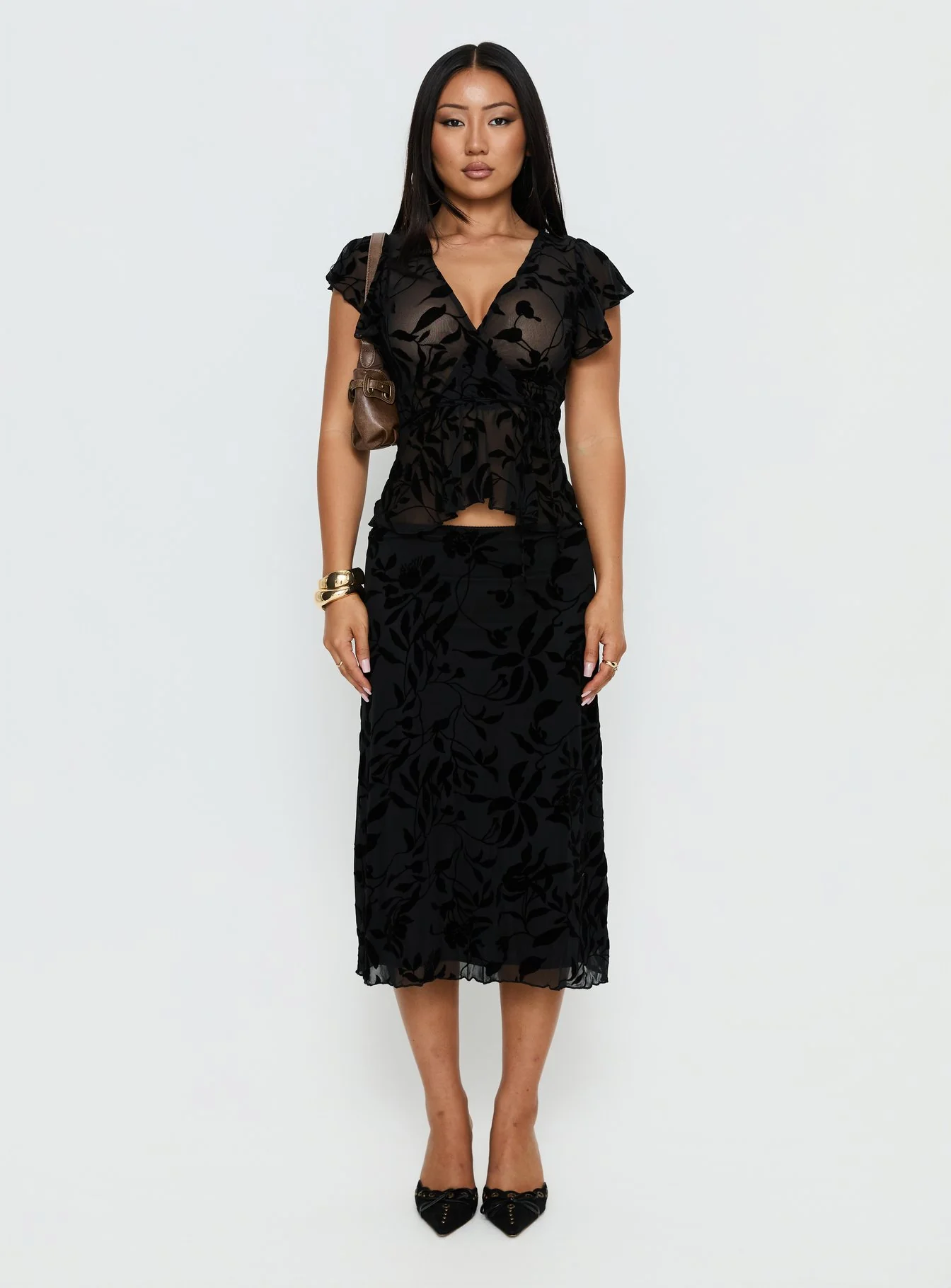 Atira Midi Skirt Leaf Flower Black