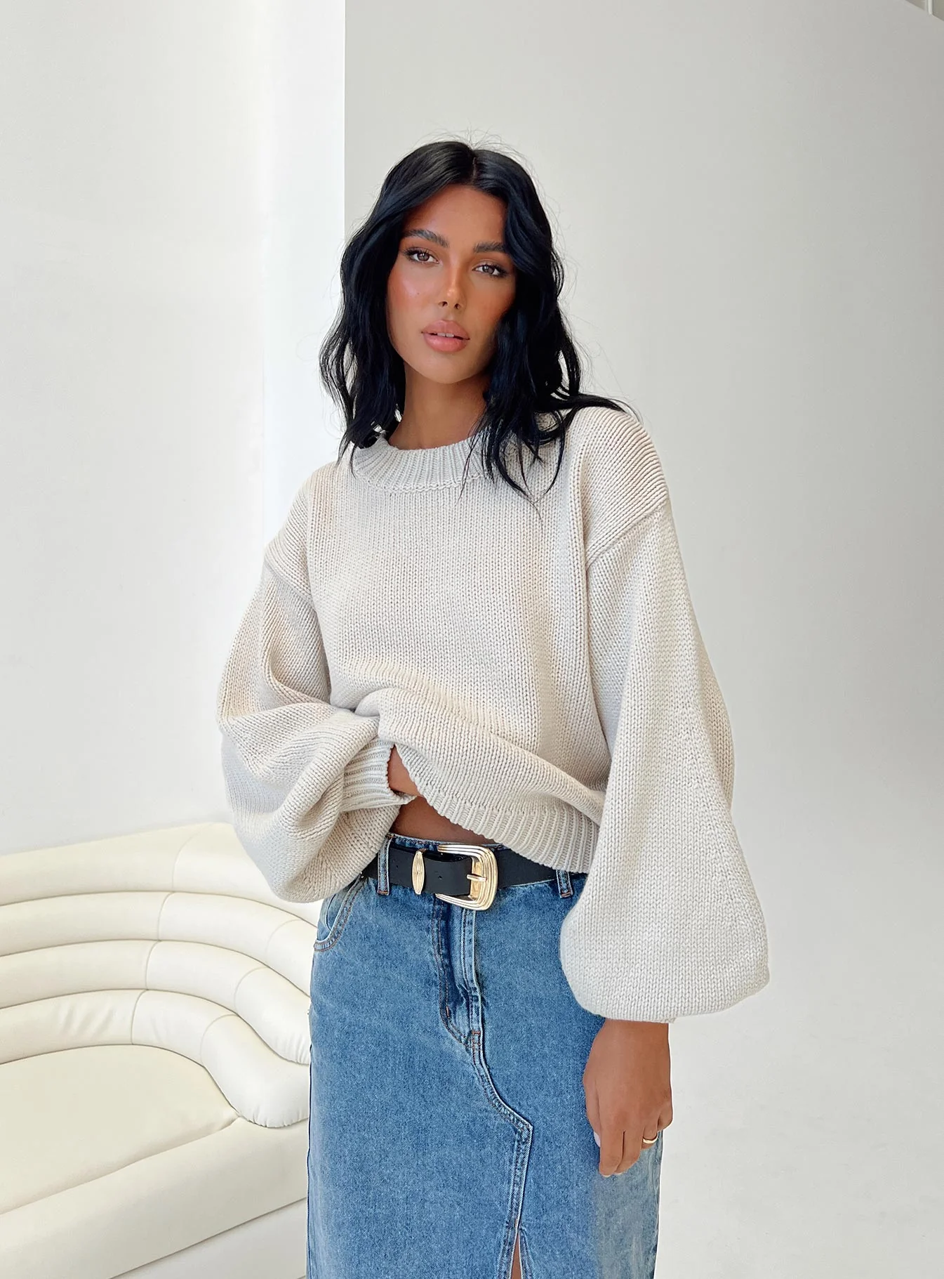 Harmony Balloon Sleeve Knit Sweater Beige