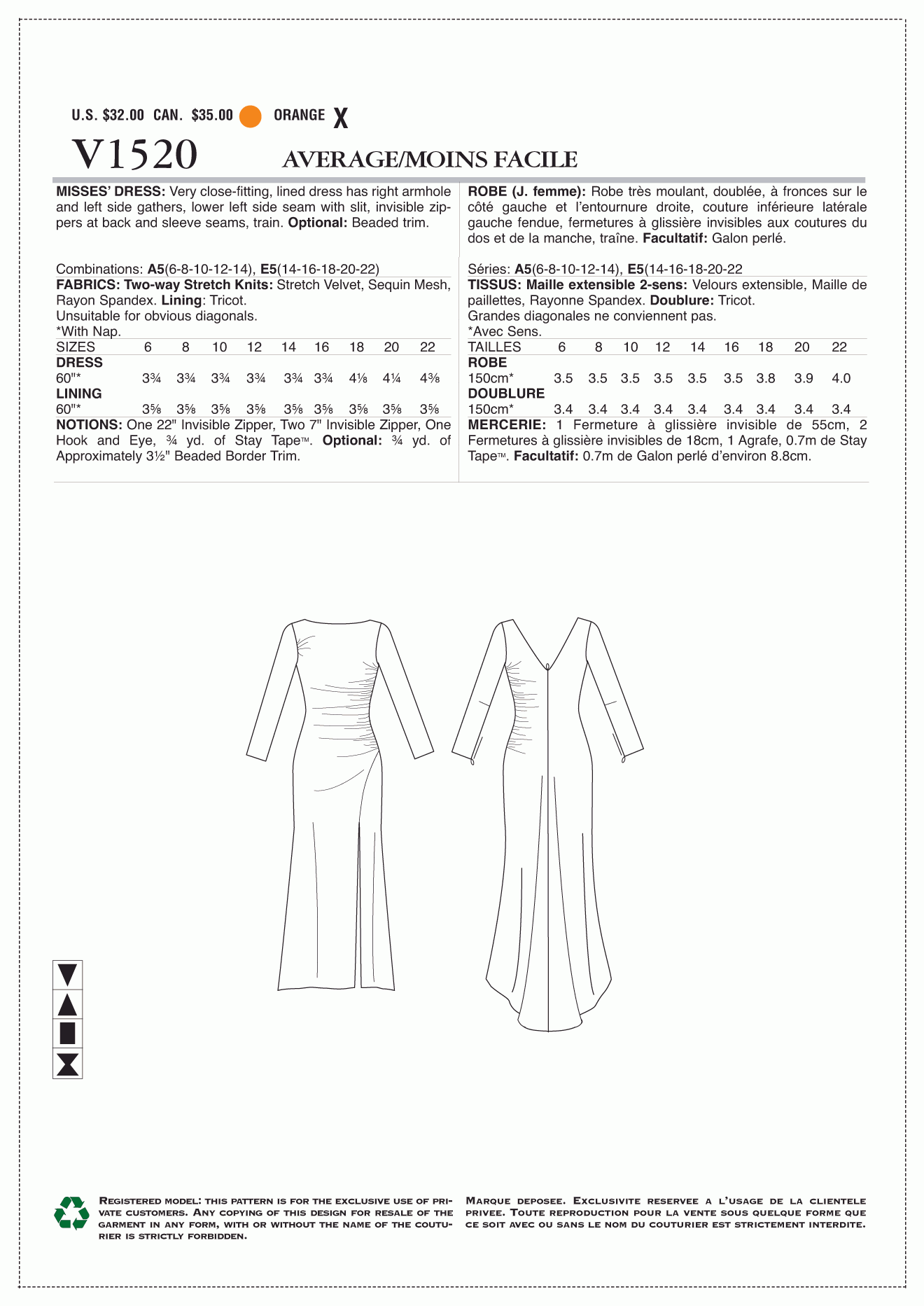 Vogue Pattern V1520 Misses' Side-Gathered, Long Sleeve Dress with Beaded Cuffs