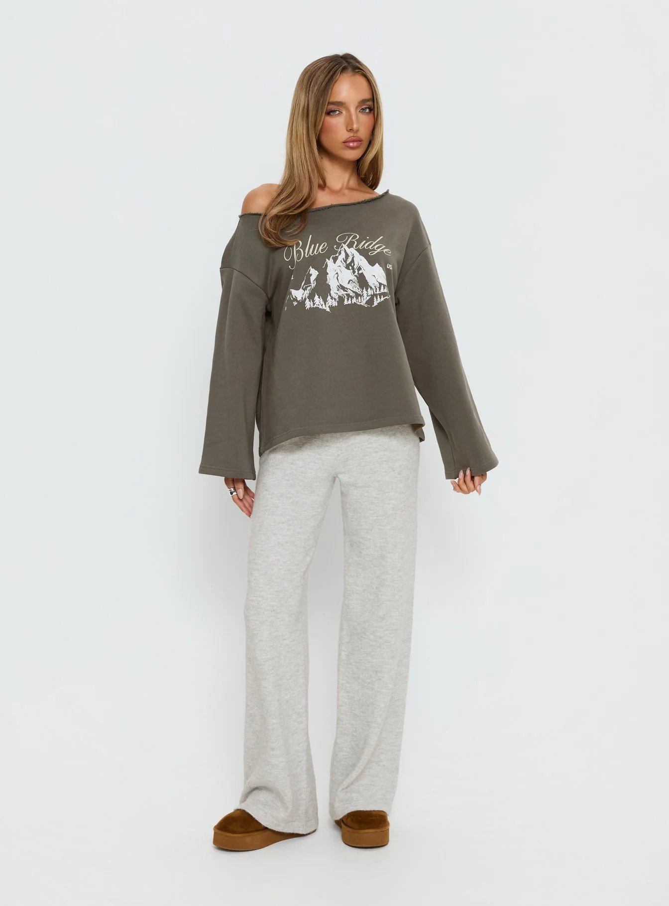 Blue Ridge Mountains Off Shoulder Graphic Sweater Grey