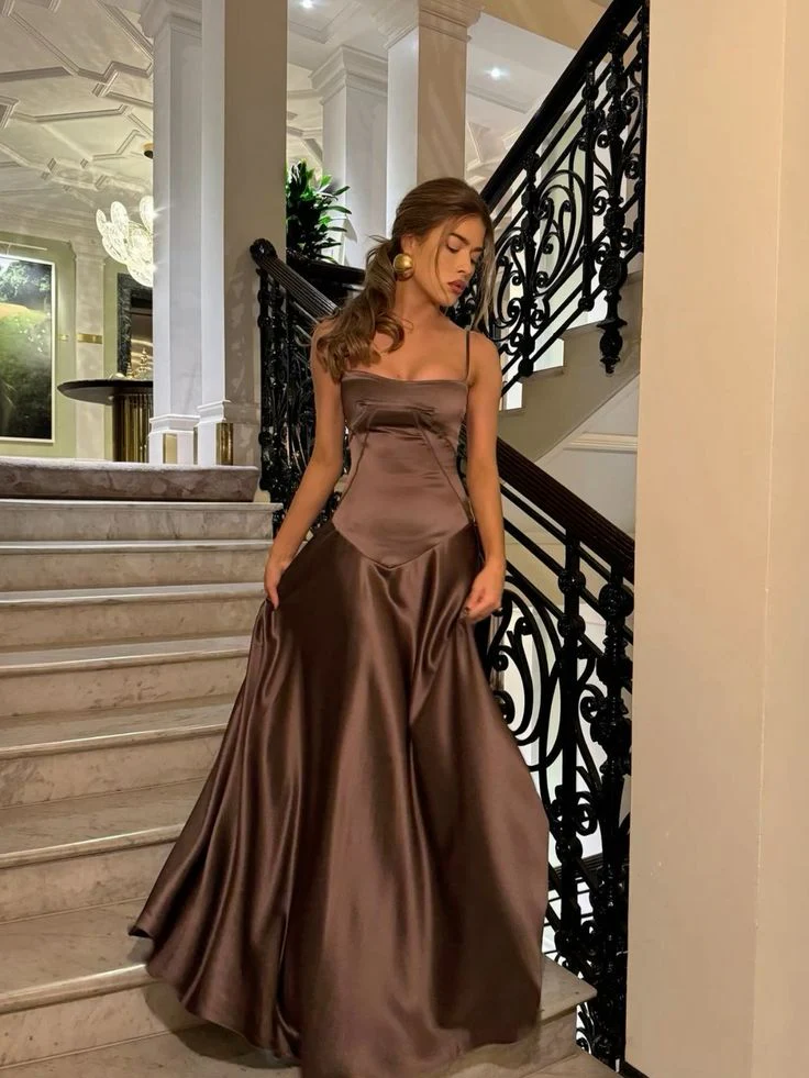 Simple Brown Spaghetti Straps A Line Prom Dress Party Dress