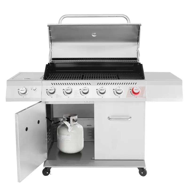 Wysokiej jakości grill gazowy propan-butan ze stali nierdzewnej z 6 palnikami – grill zewnętrzny o mocy 74 000 BTU z palnikiem i palnikami bocznymi