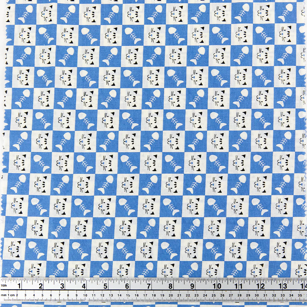 Print Craft & Quilting Fabric, Cats And Fish Bones On Checks- Width 110cm