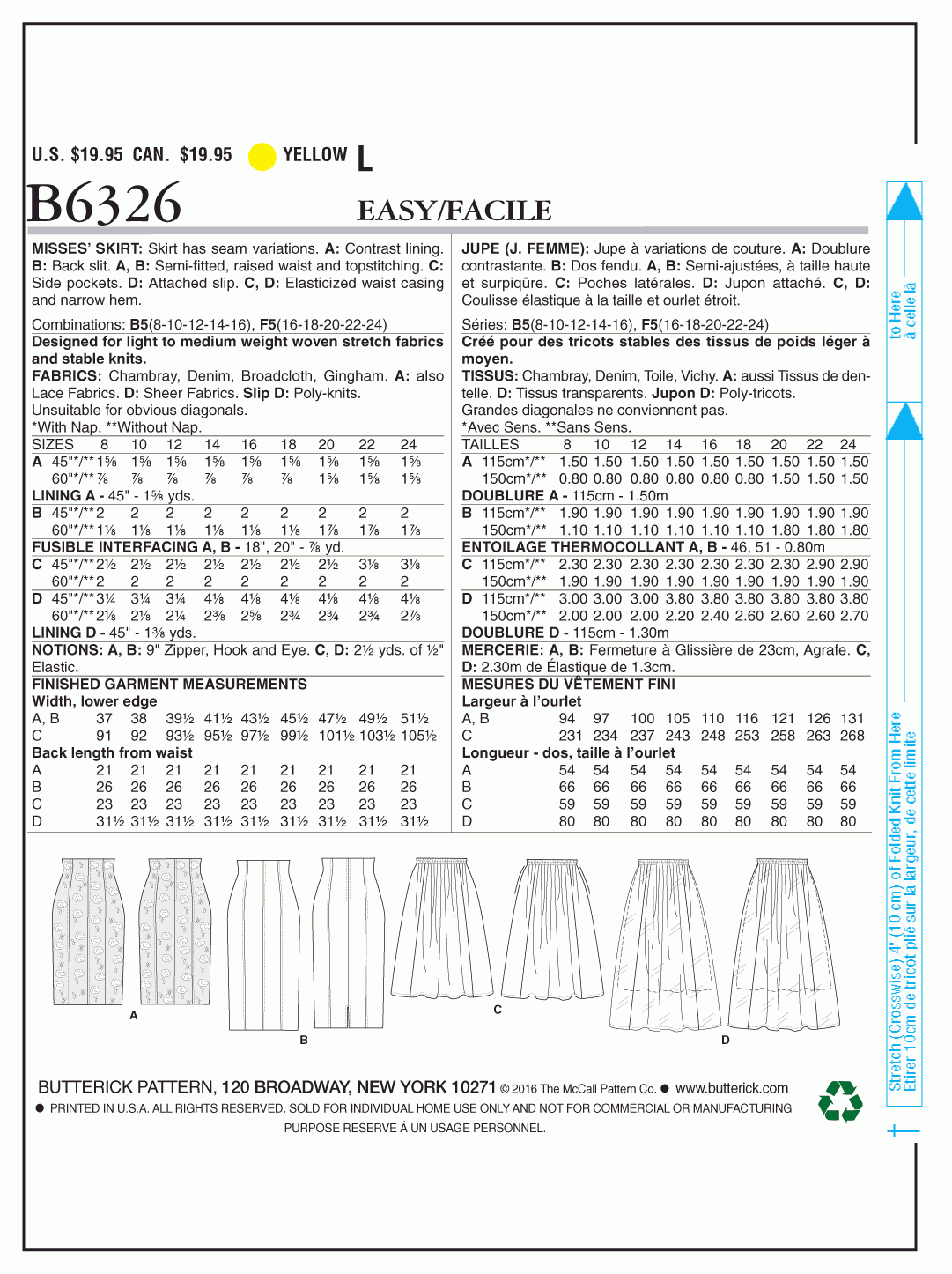 Butterick Pattern B6326 Misses' Raised-Waist or Elastic-Waist Skirts
