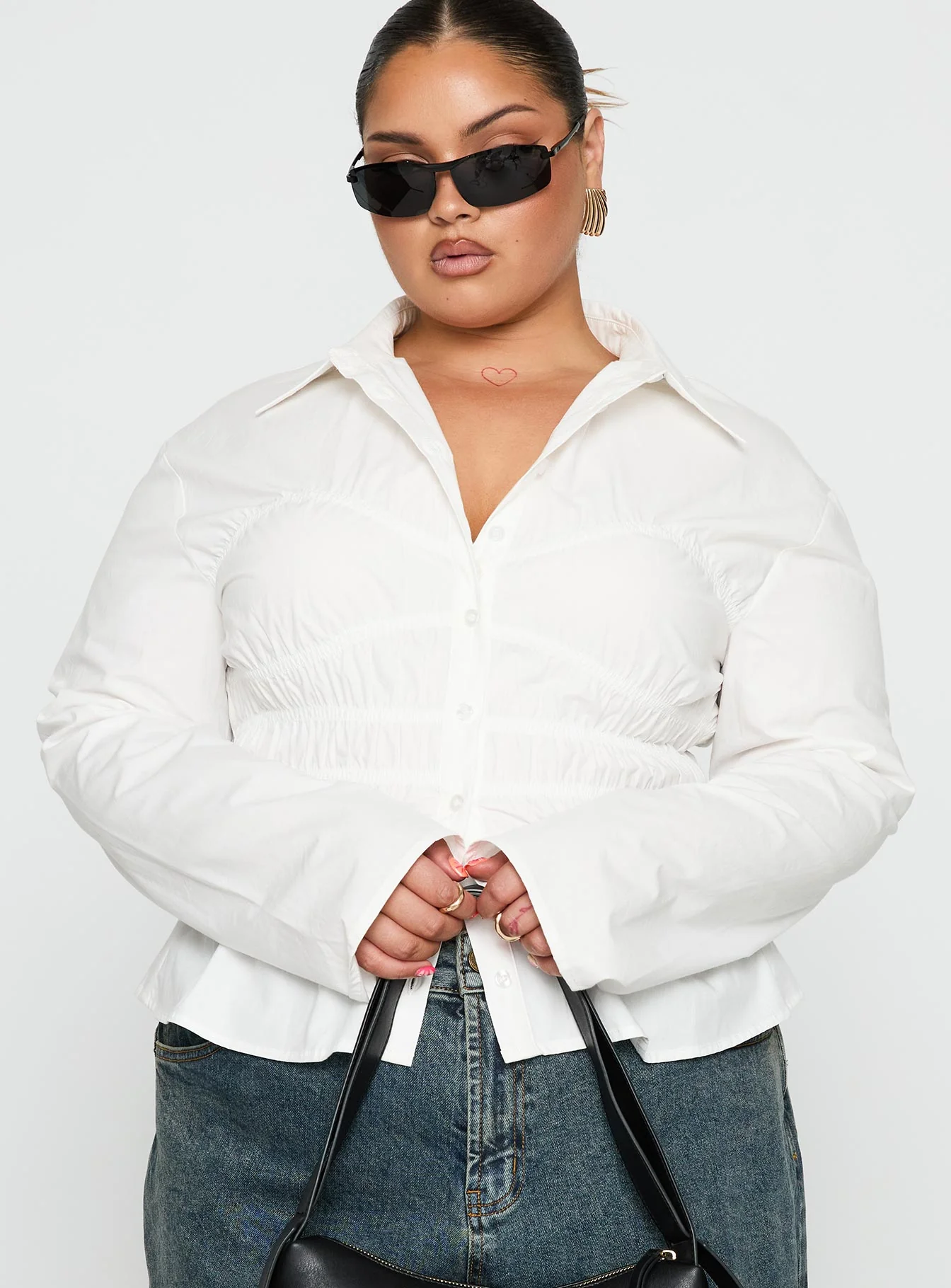 Liesel Shirred Long Sleeve Top White Curve