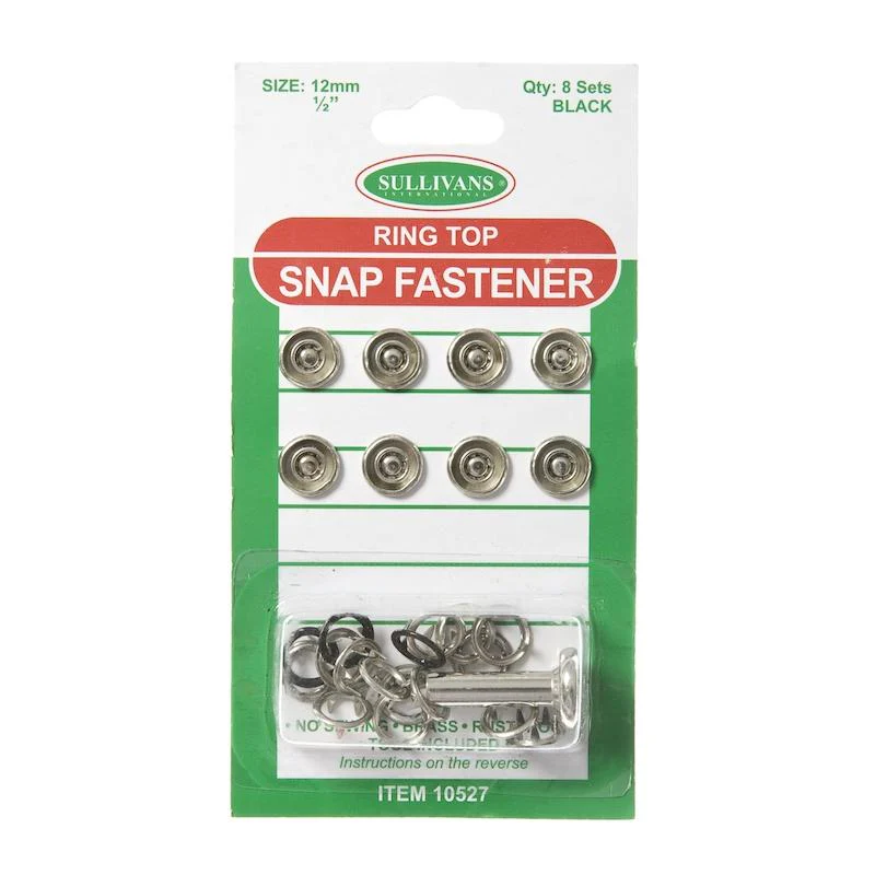 Ring Top Snap Fastener Size 12mm, Black- 8 Sets