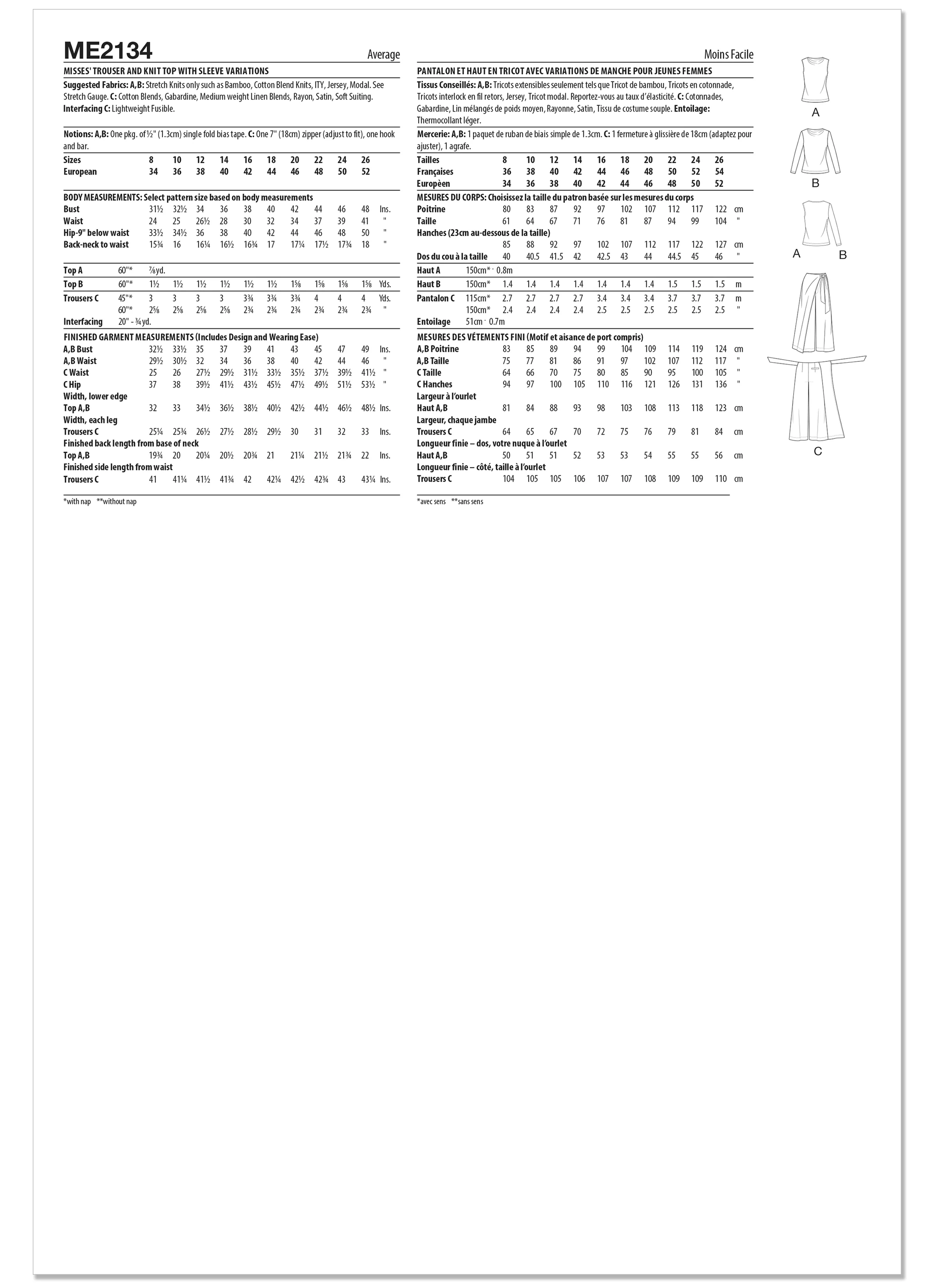 KnowMe Pattern Me2134 Misses' Trouser and Knit Top with Sleeve Variations