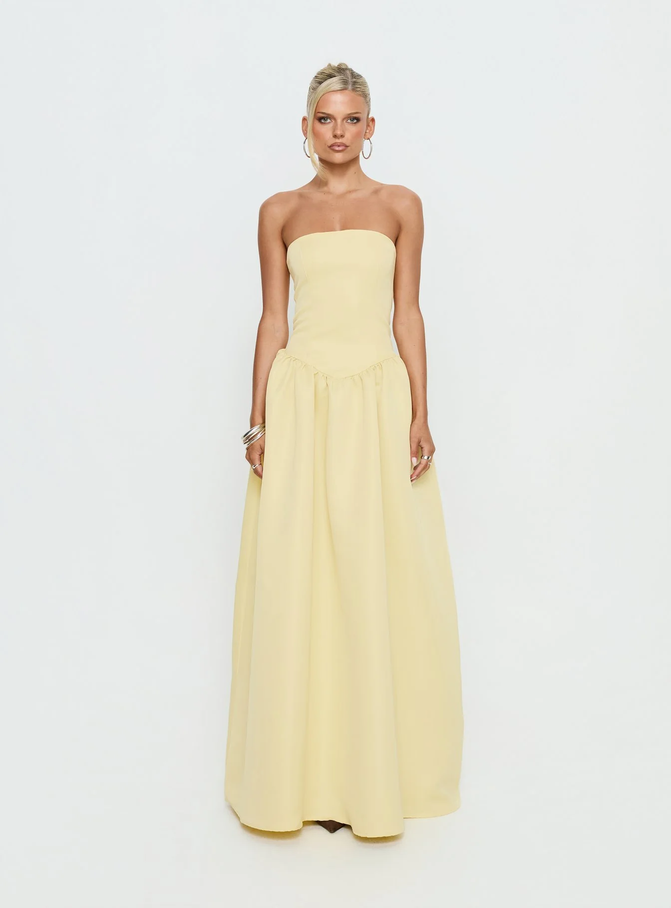 Soft Bloom Drop Waist Strapless Maxi Dress Yellow