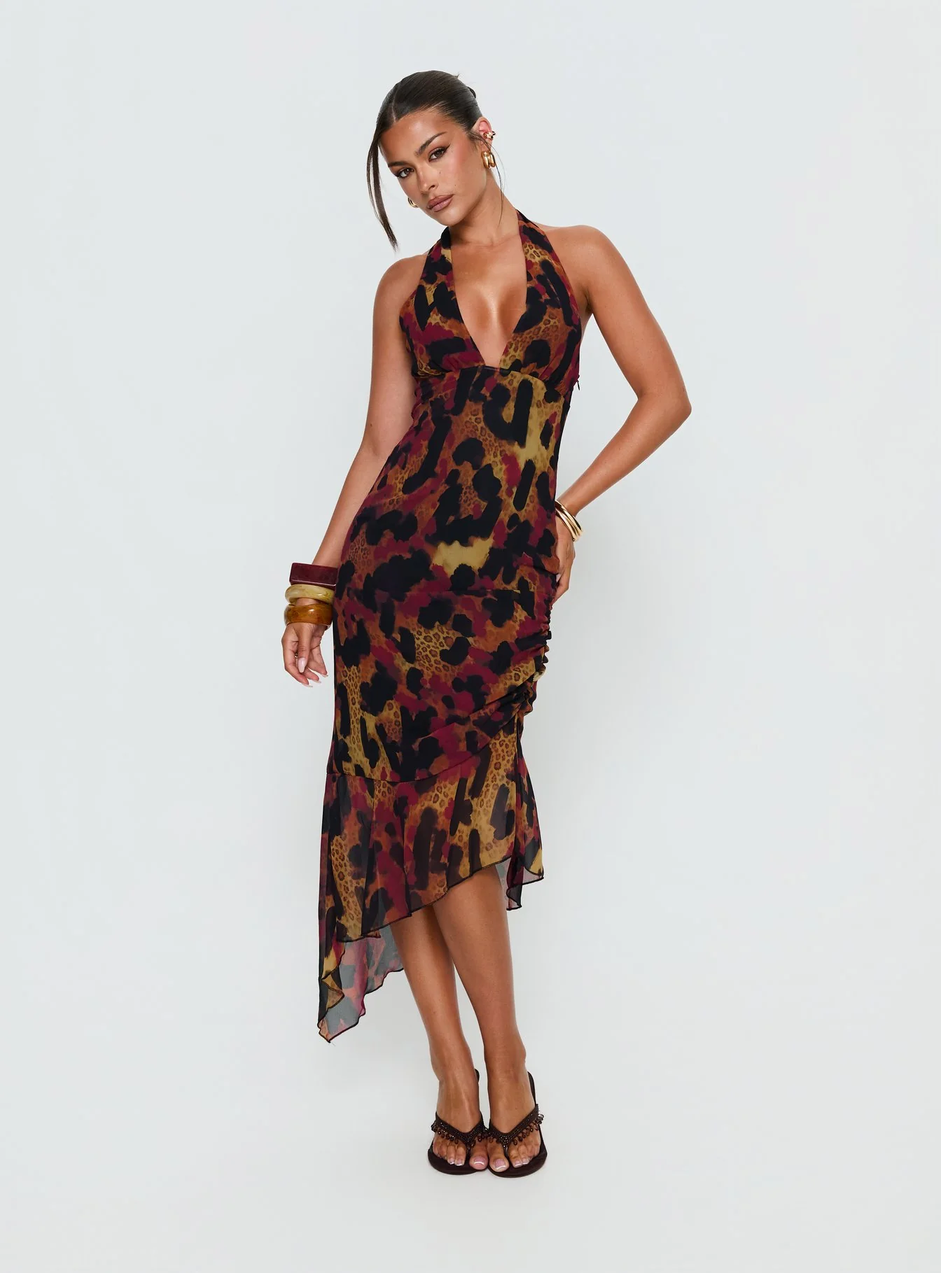 Katriona Halter Asymmetrical Maxi Dress Leopard Multi
