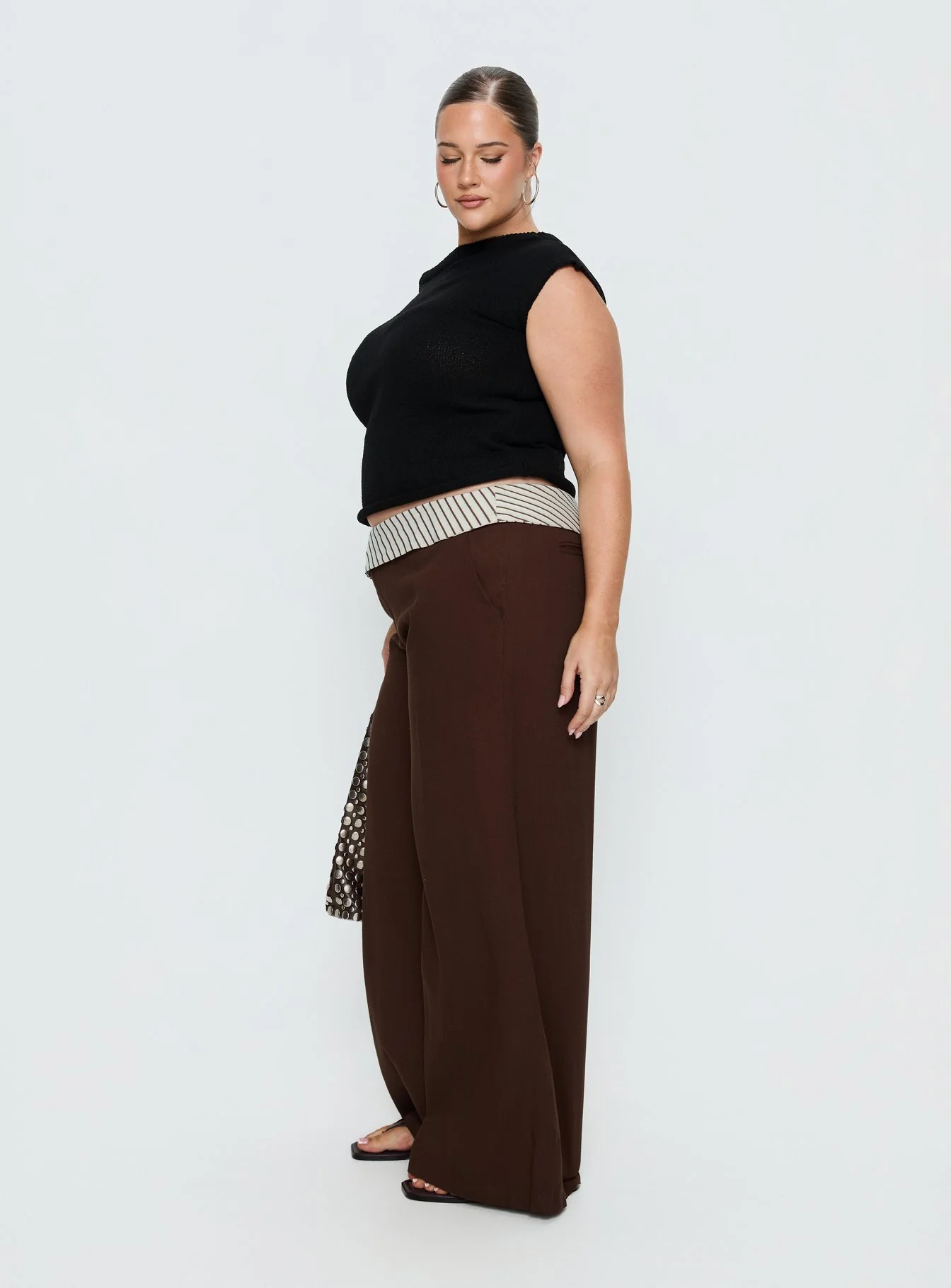 Past Life Fold Over Waistband Pant Brown / Stripe Curve