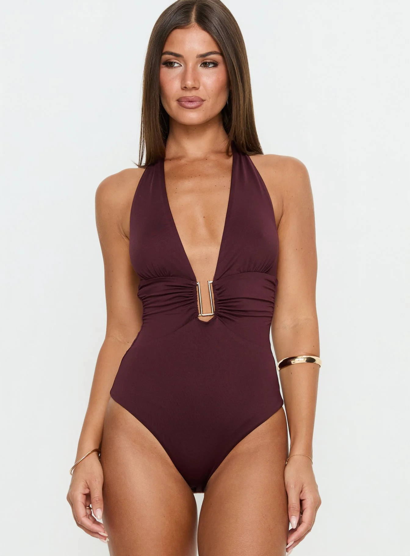 Leave Me Alone Plunge Halter Bodysuit Burgundy