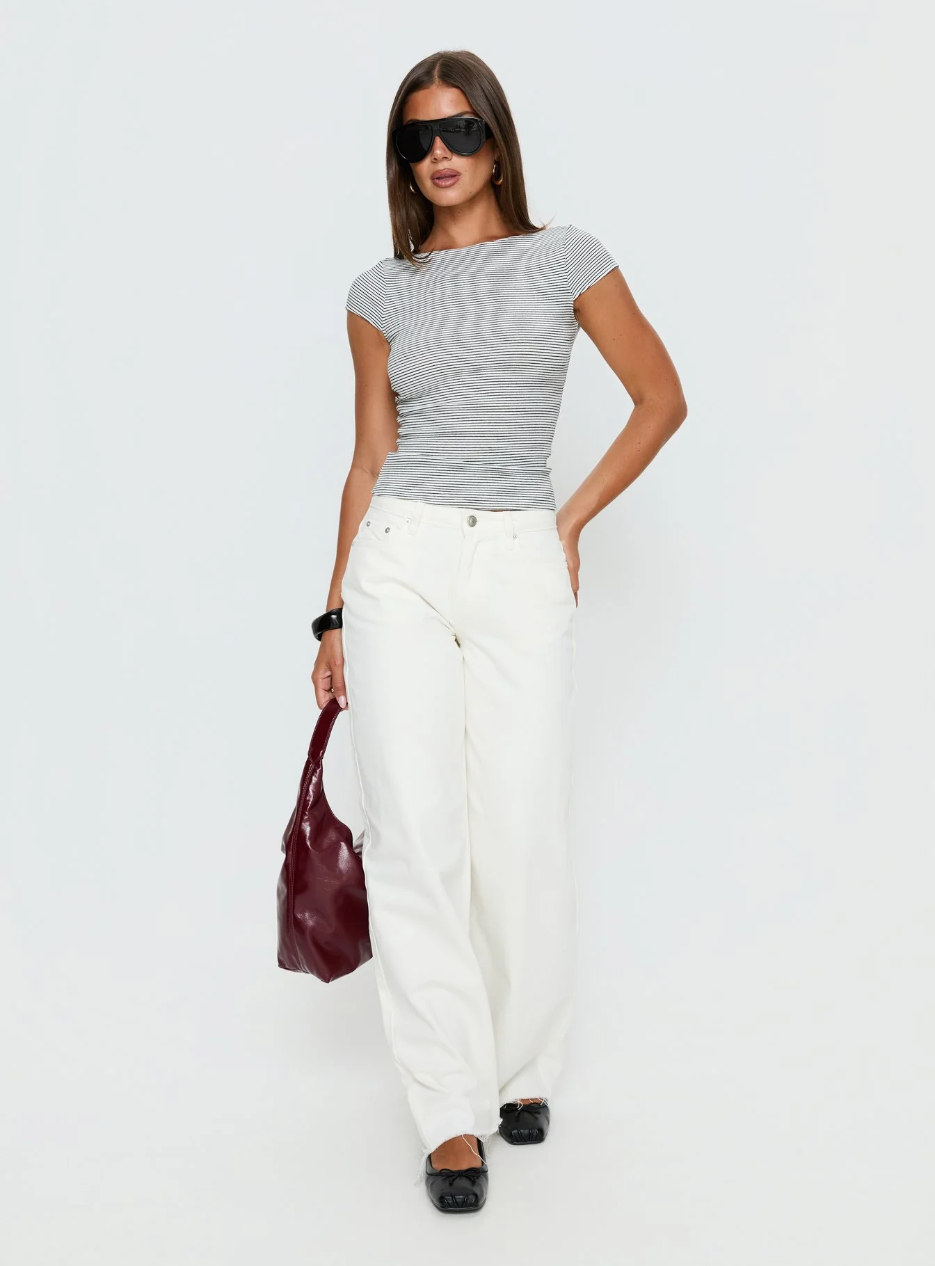 Nyren Low Back Boatneck Top White / Black Stripe