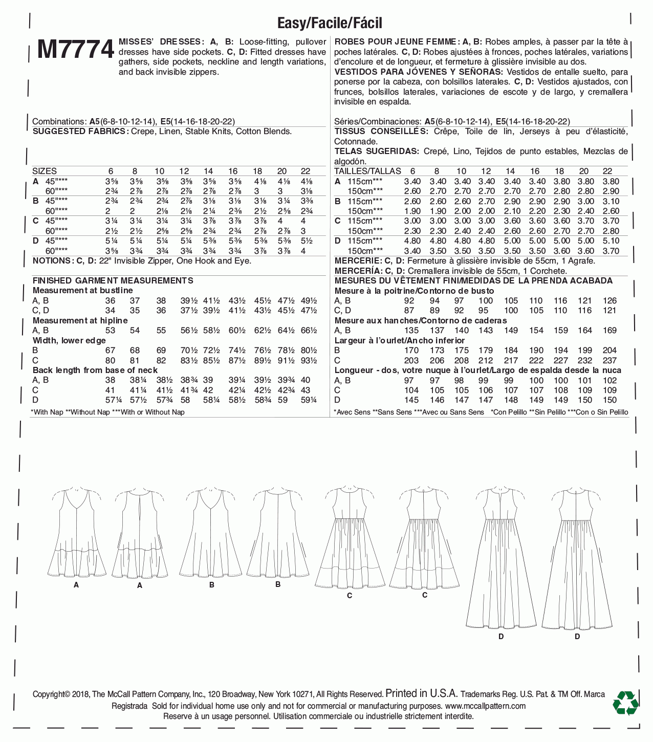McCall's Pattern M7774 Misses' Dresses
