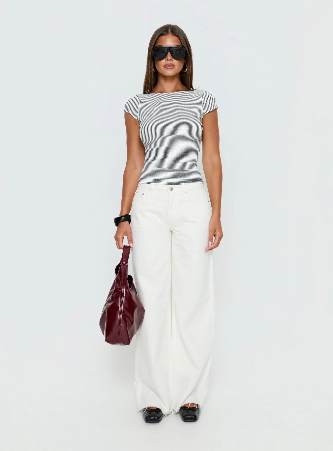 Nyren Low Back Boatneck Top White / Black Stripe