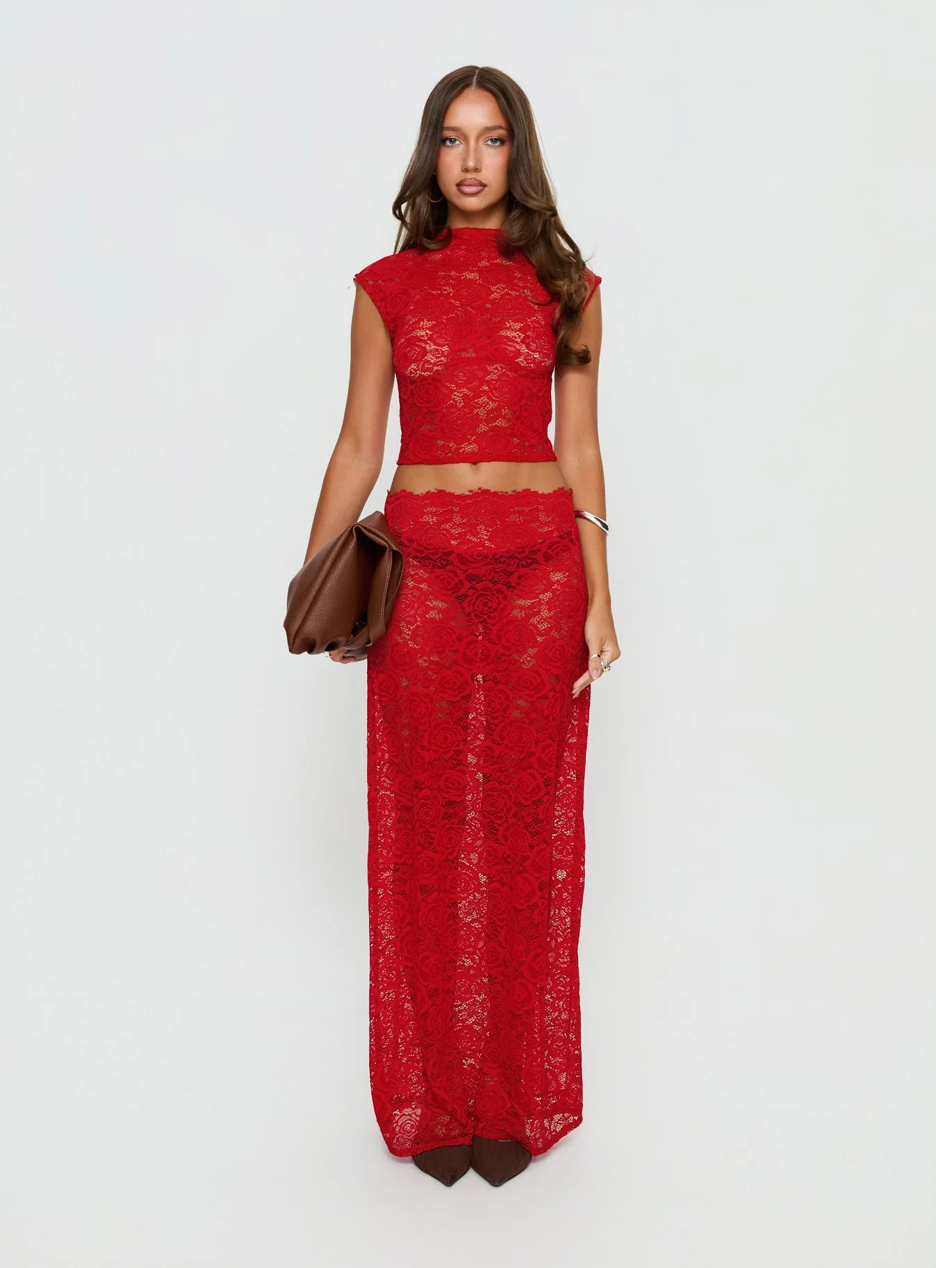 Vionna Lace Maxi Skirt Red