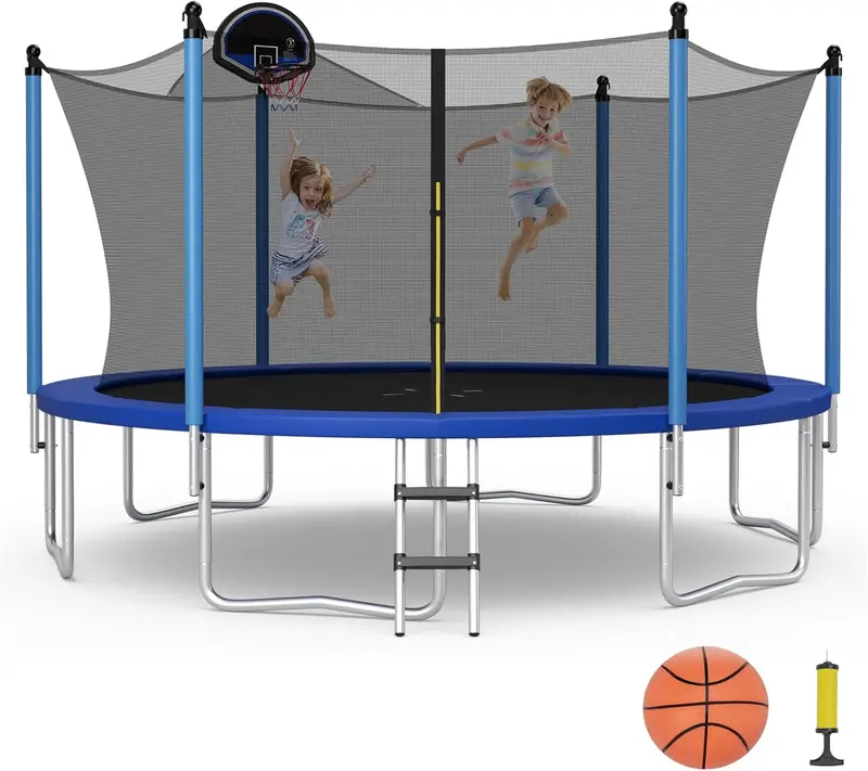 Trampolina z certyfikatem ASTM – modele o długości 3,6 m, 4,2 m lub 4,5 m z wbudowaną siatką zabezpieczającą i koszem do koszykówki.