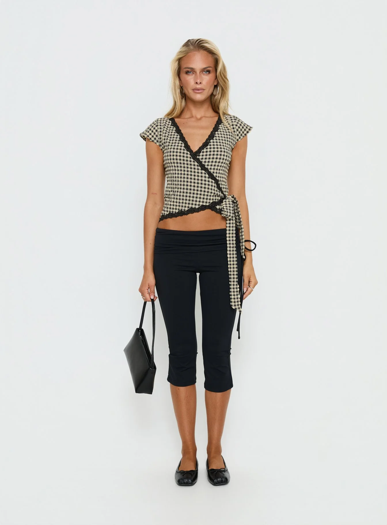 Meltwater Lace Trim Wrap Detail Top Black Check