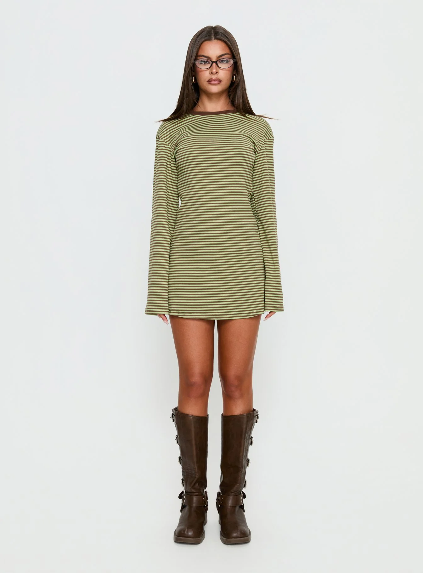 Lulolah Long Sleeve Mini Dress Green / Chocolate Stripe