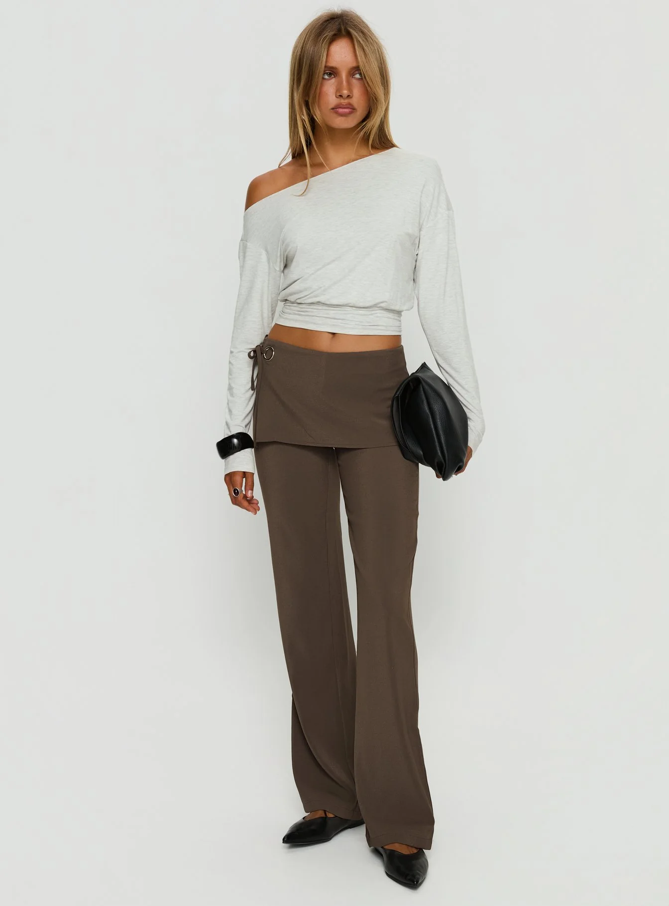Ashlinn Off Shoulder Long Sleeve Drapey Top Grey Marle