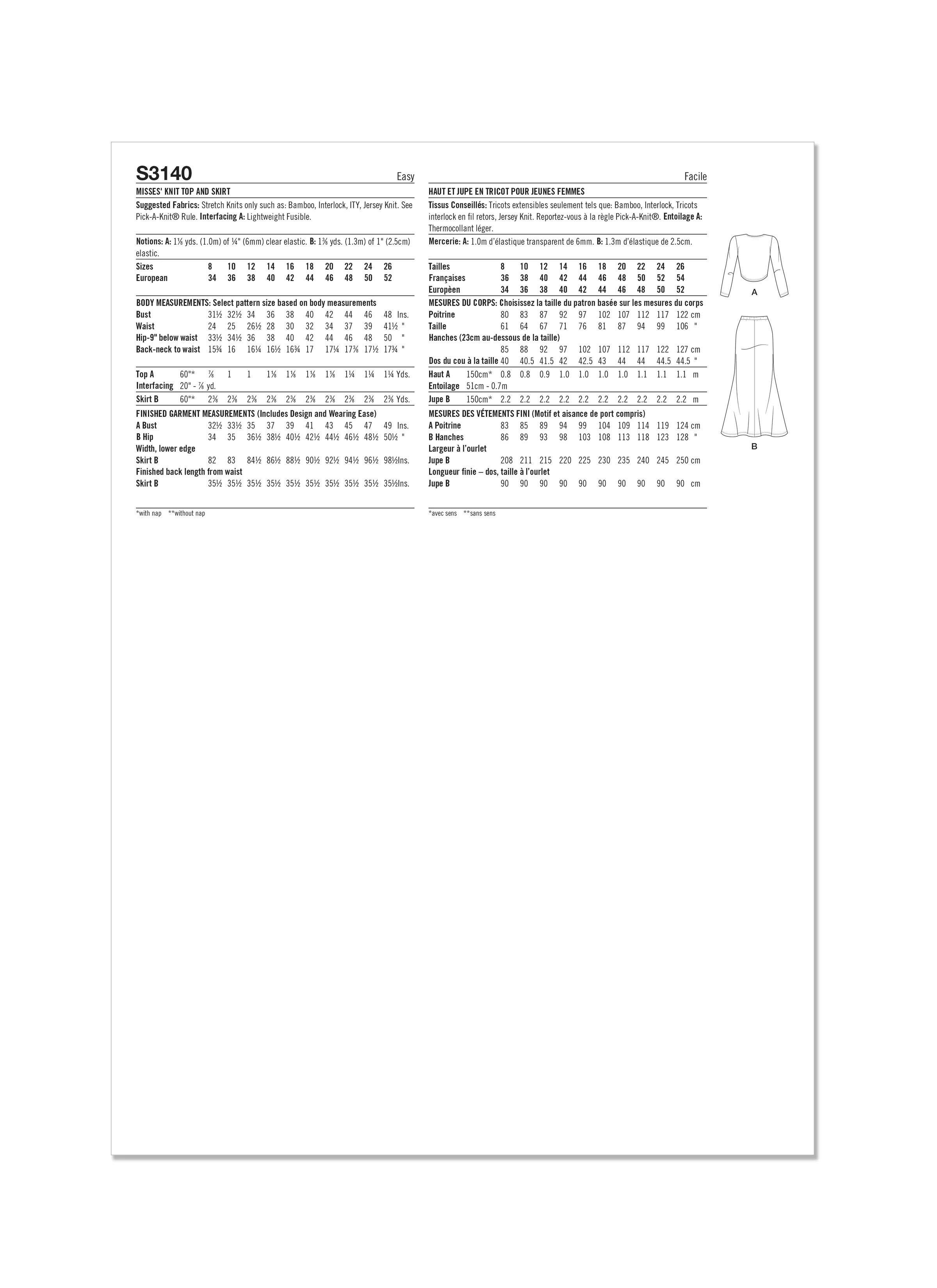 Simplicity Pattern S3140 Misses' Knit Top and Skirt