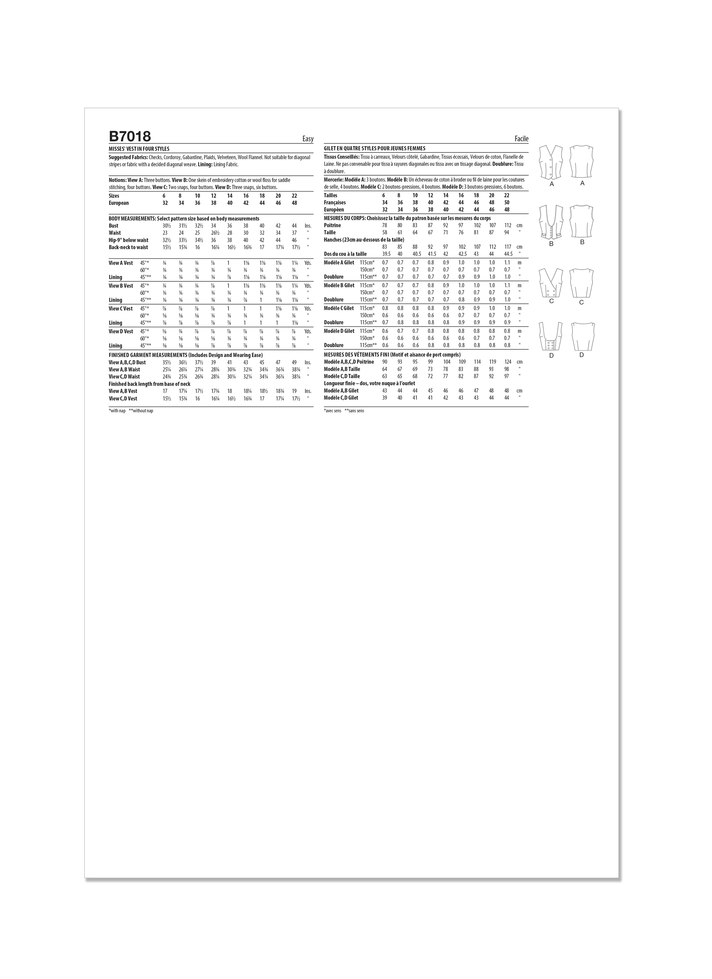 Butterick Pattern B7018 Misses' Top Vest