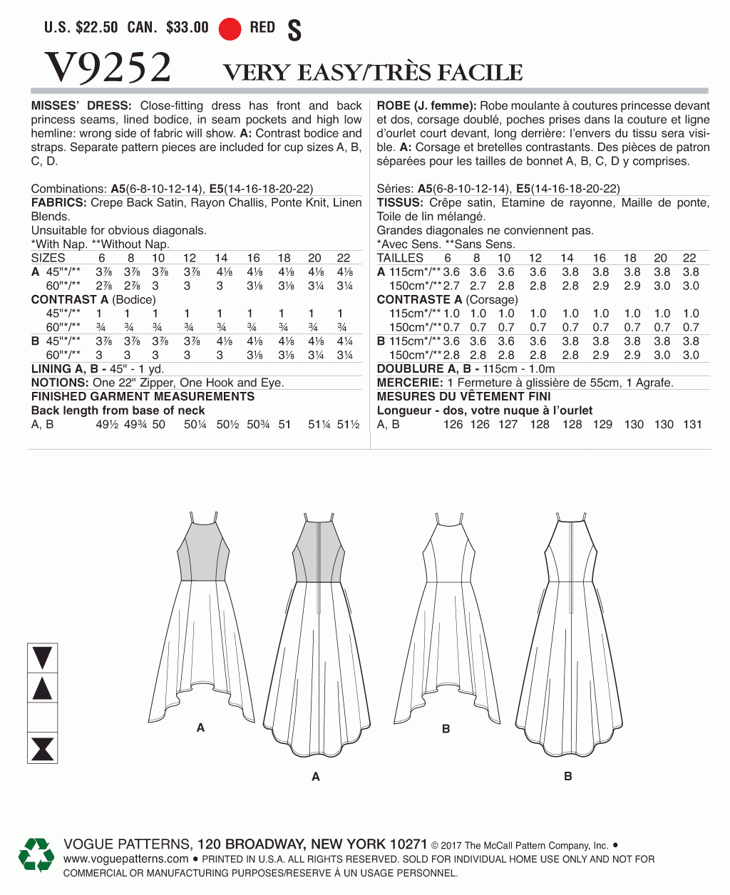 Vogue Pattern V9252 Misses' Princess Seam High-Low Dresses with Pockets
