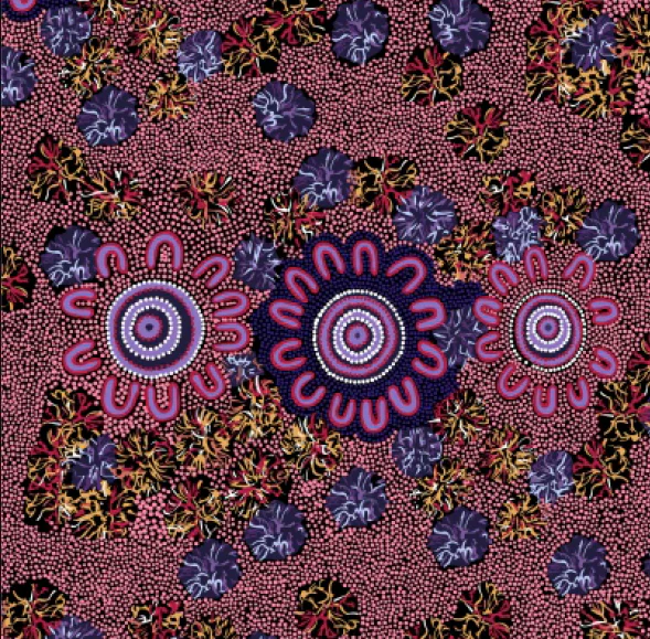 Aboriginal Print Fabric, Meeting Places Fire By Louis Enoch, Red - Width 145cm