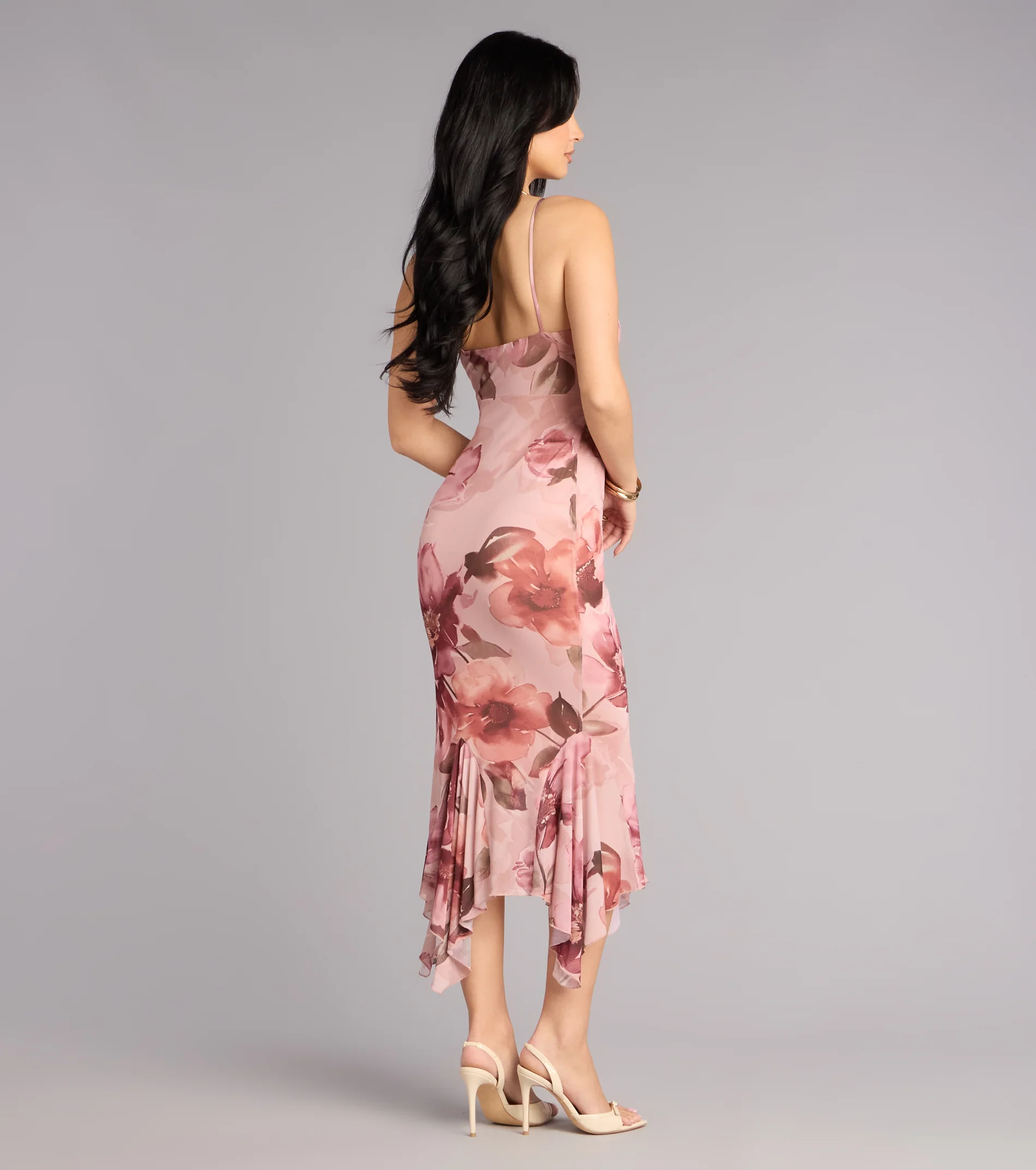 Sweet Flirt Floral Mesh Ruffle Midi Dress