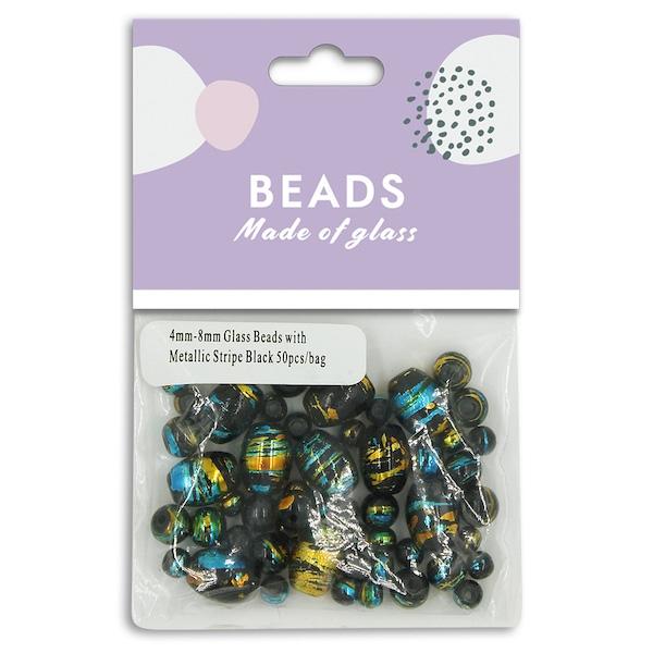 4-8mm Glass Beads Metallic Stripe, Black- 50pc- Sullivans