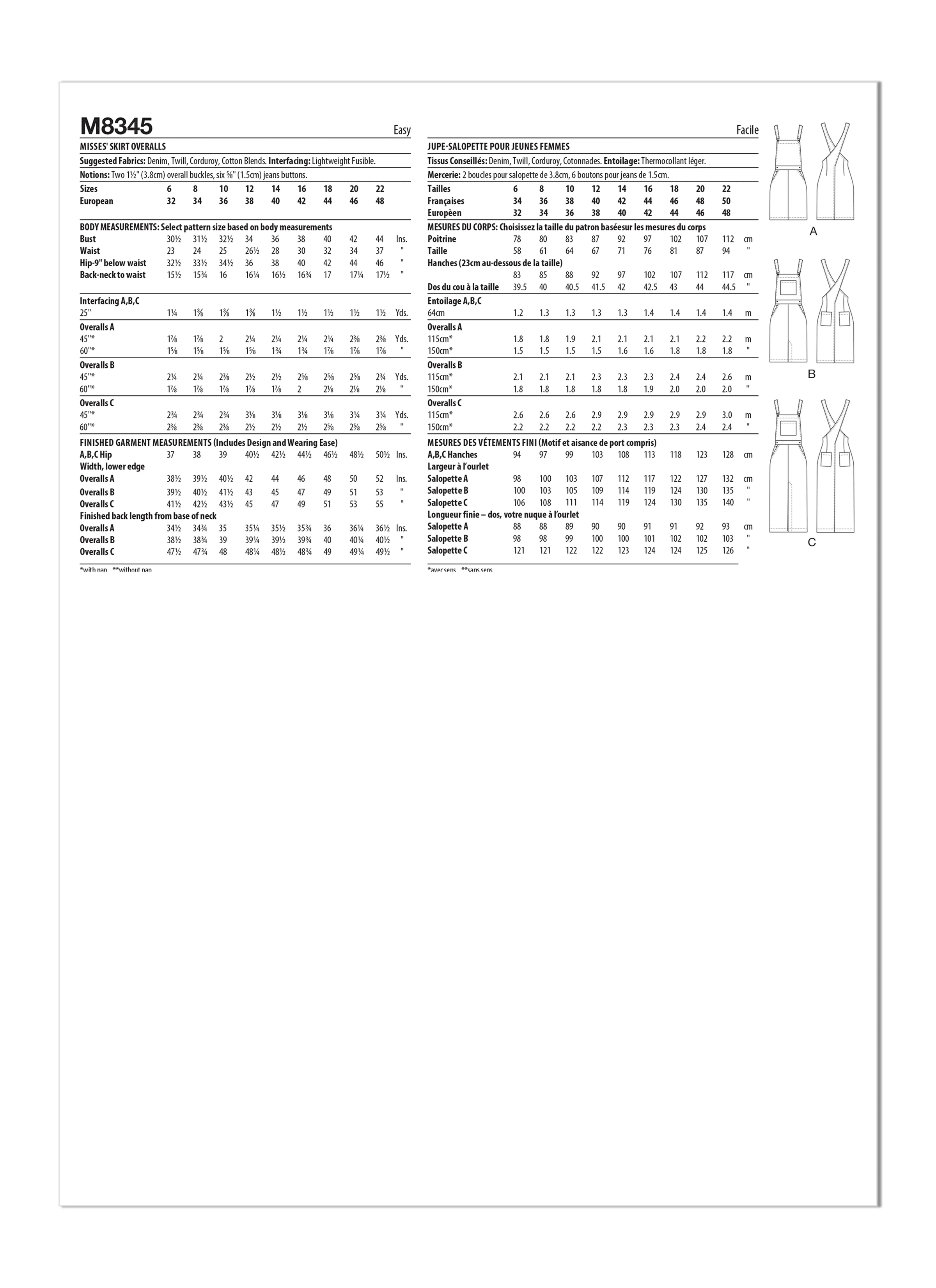 McCall's Pattern M8345 Misses' Skirt Overalls