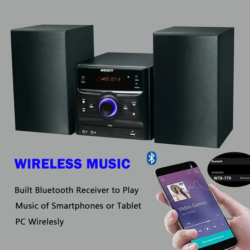 Kompaktowy system stereo Bluetooth z odtwarzaczem CD, bezprzewodowym strumieniowaniem, radiem FM, wejściem USB/MP3/Aux i mocą wyjściową 30 W. Mikrofonowe rozwiązanie dźwiękowe
