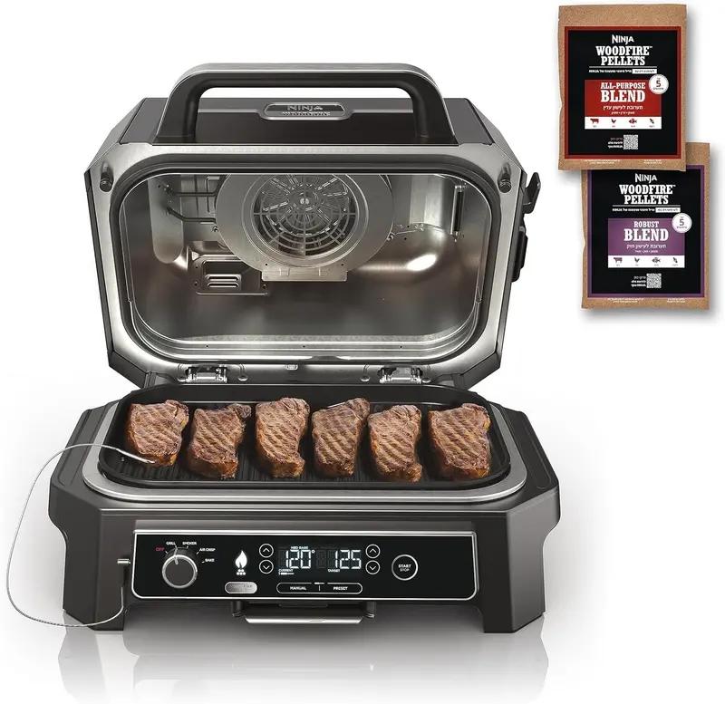 Elektryczny grill i wędzarnia zewnętrzna 7 w 1: frytkownica powietrzna, grill, piekarnik, patelnia do pieczenia, grillowanie + wbudowany termometr, przenośne szare urządzenie