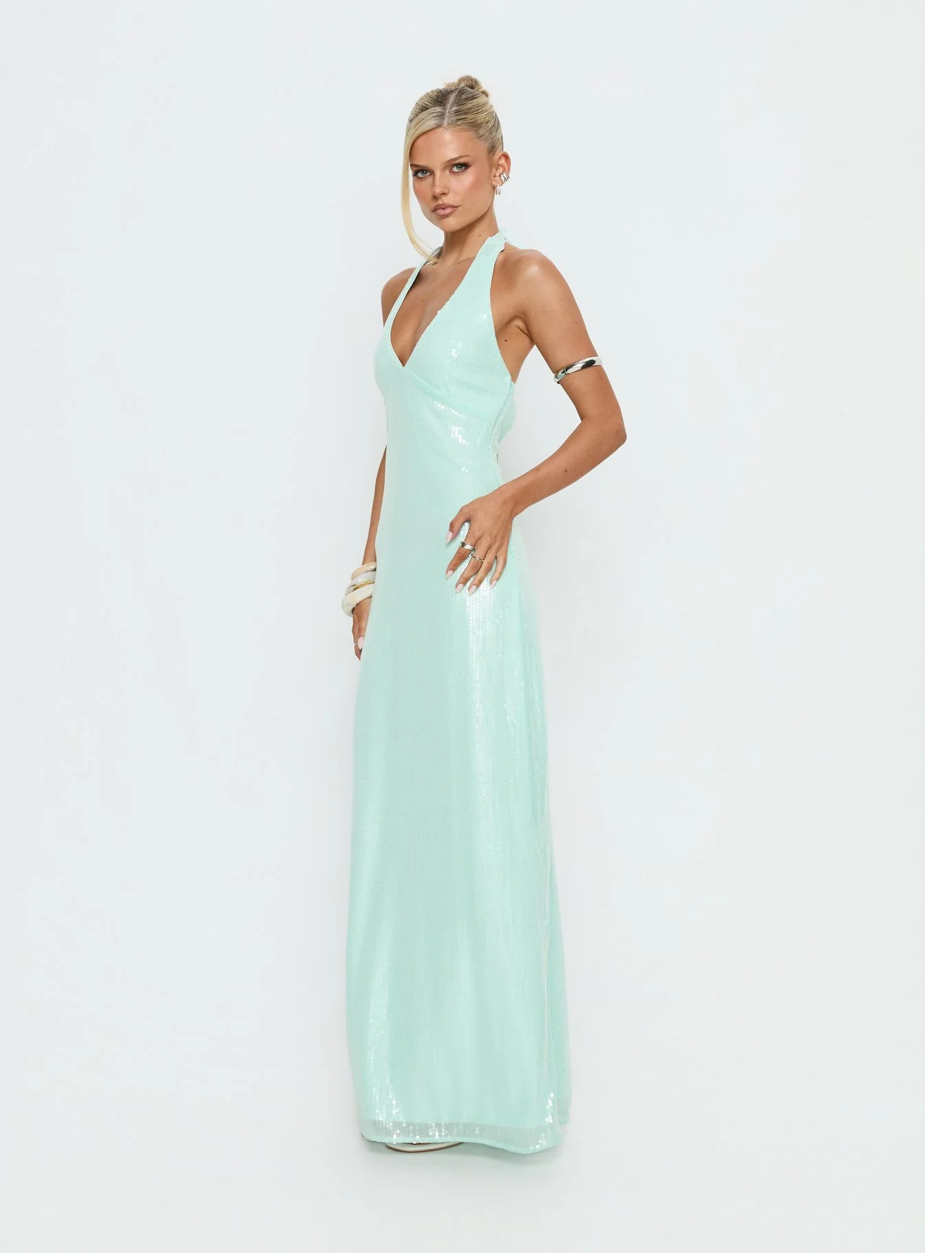 Isanna Halter Sequin Maxi Dress Jelly Mint