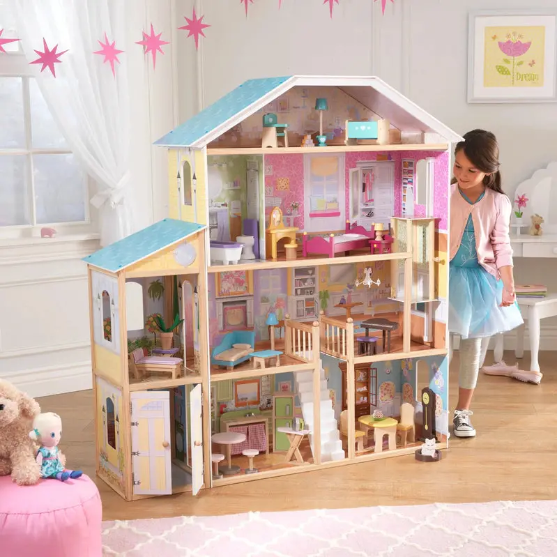 Drewniany domek dla lalek KidKraft Majestic Mansion – zestaw z 3 piętrami, 34 realistycznymi akcesoriami i eleganckimi detalami wnętrza
