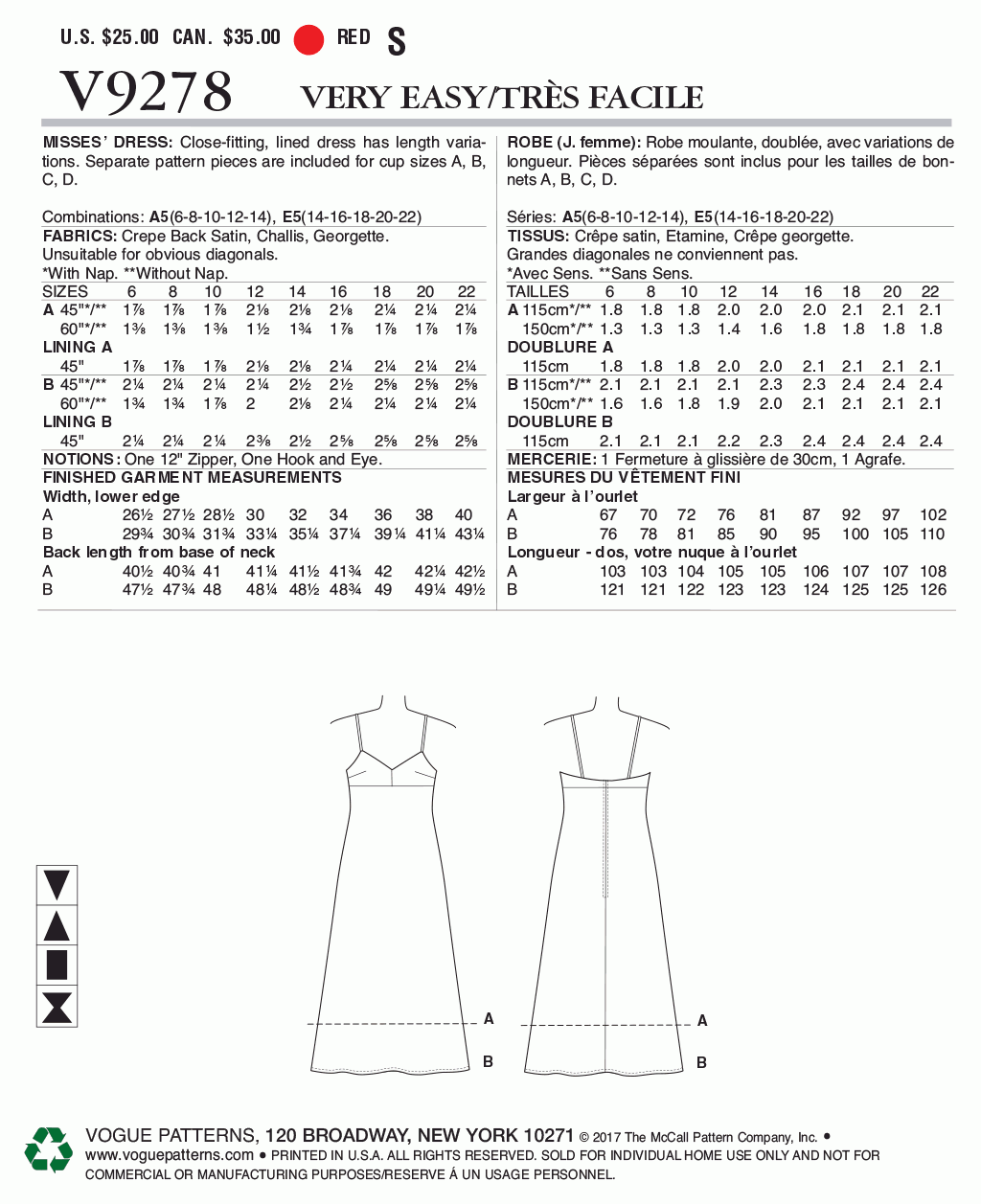 Vogue Pattern V9278 Misses' Slip-Style Dress with Back Zipper