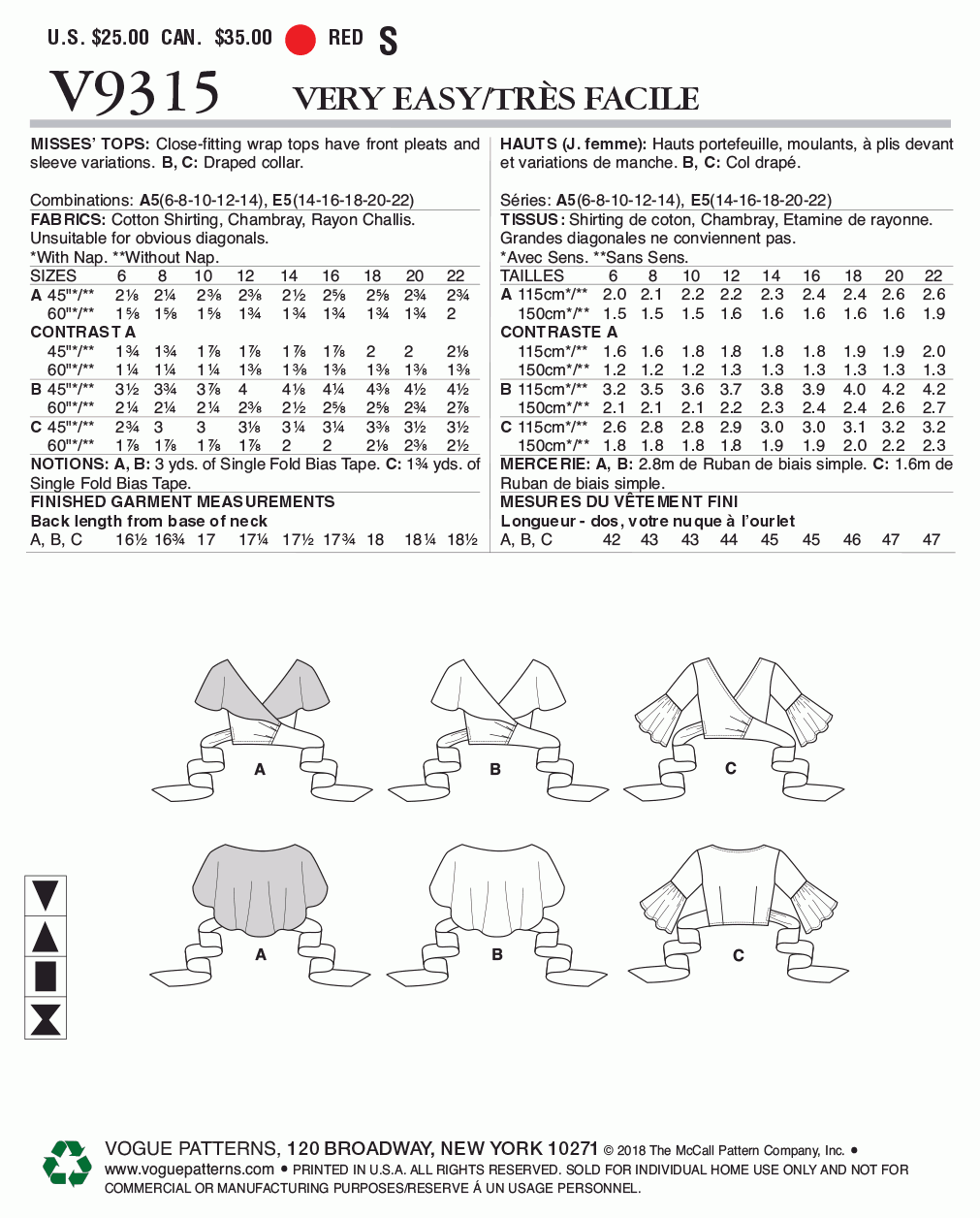 Vogue Pattern V9315 Misses' Top