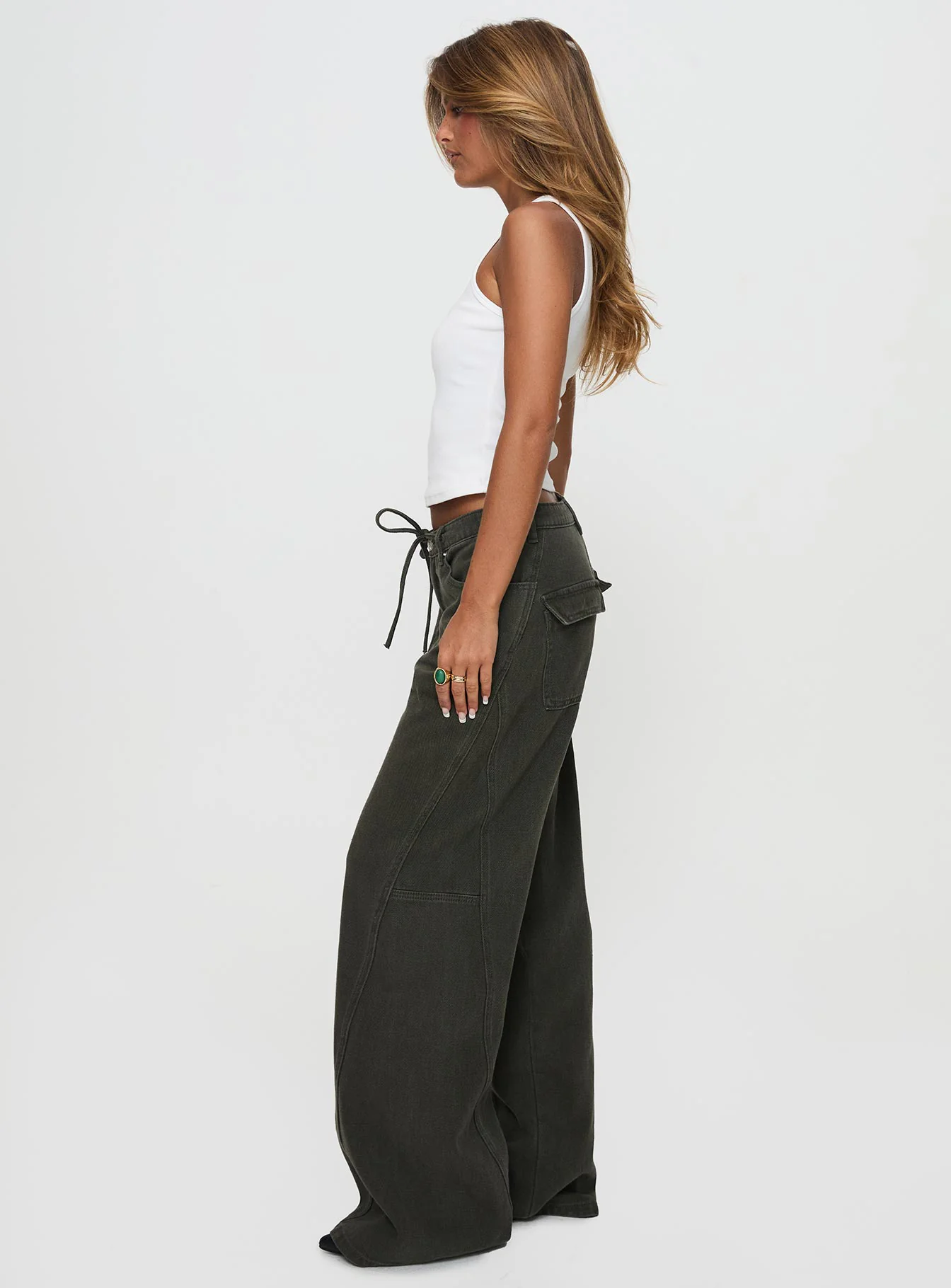 Bruiser Tie Waist Mid Rise Wide Leg Jeans Green Petite
