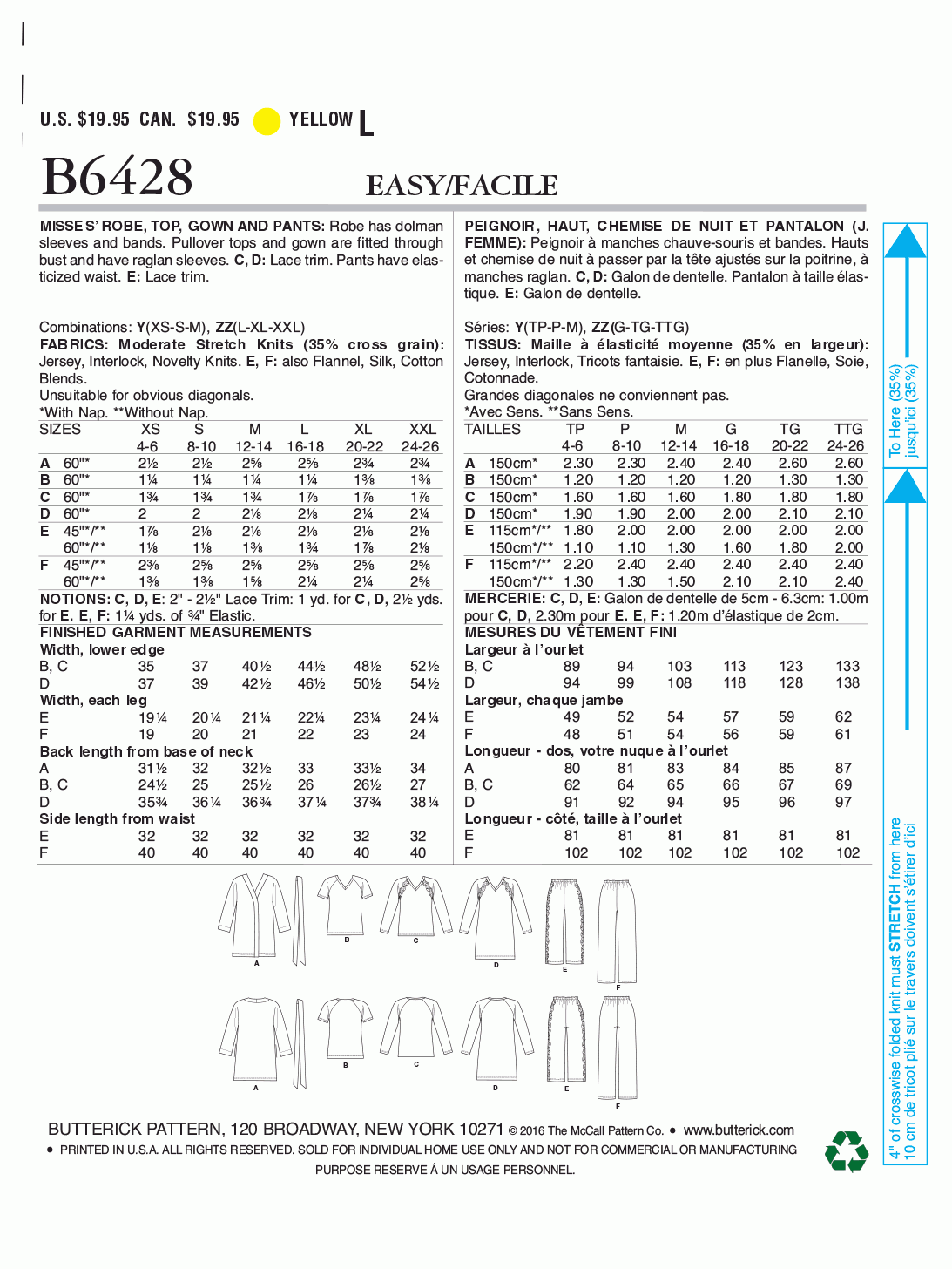Butterick Pattern B6428 Misses' Robe, Raglan Sleeve Tops and Gown, and Pull-On Pants