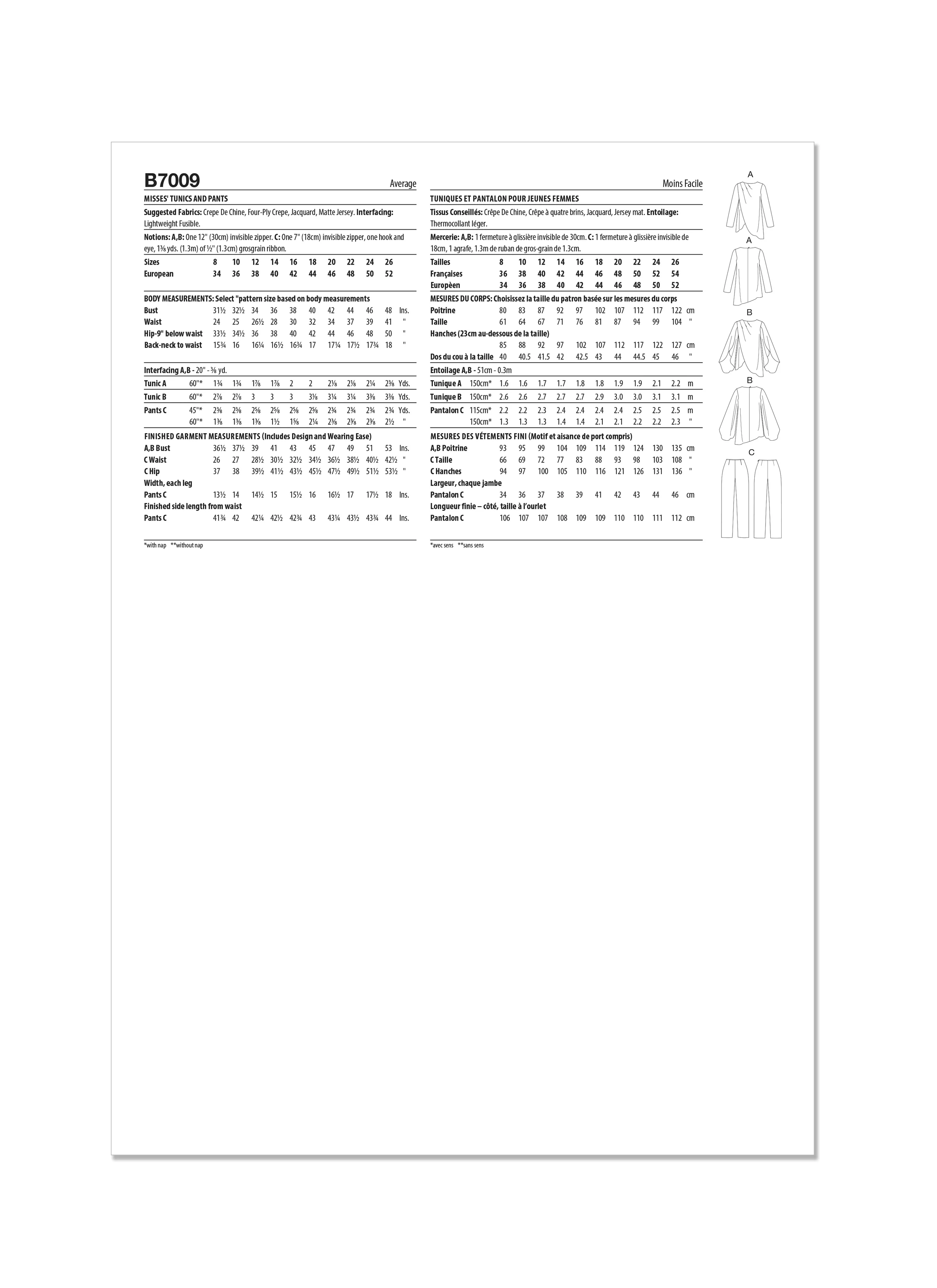 Butterick Pattern B7009 Misses' Tunics and Pants