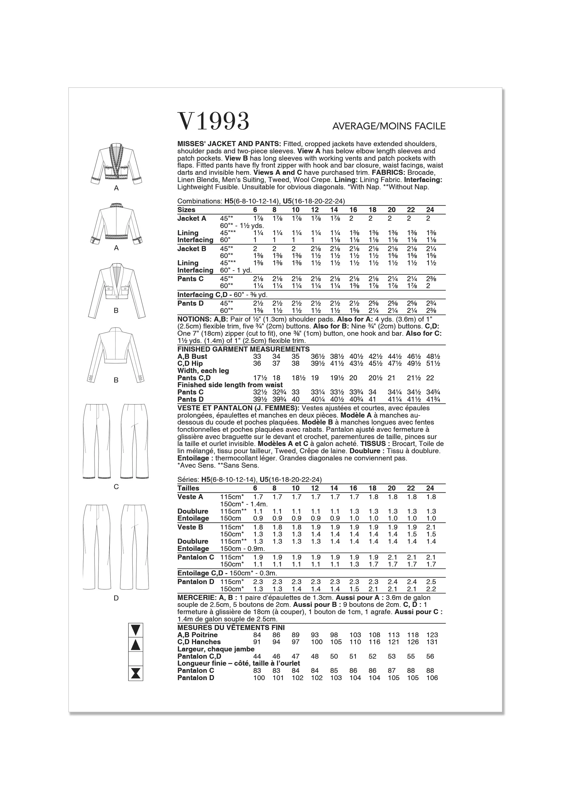 Voguepattern V1993 Misses' Jacket and Pants