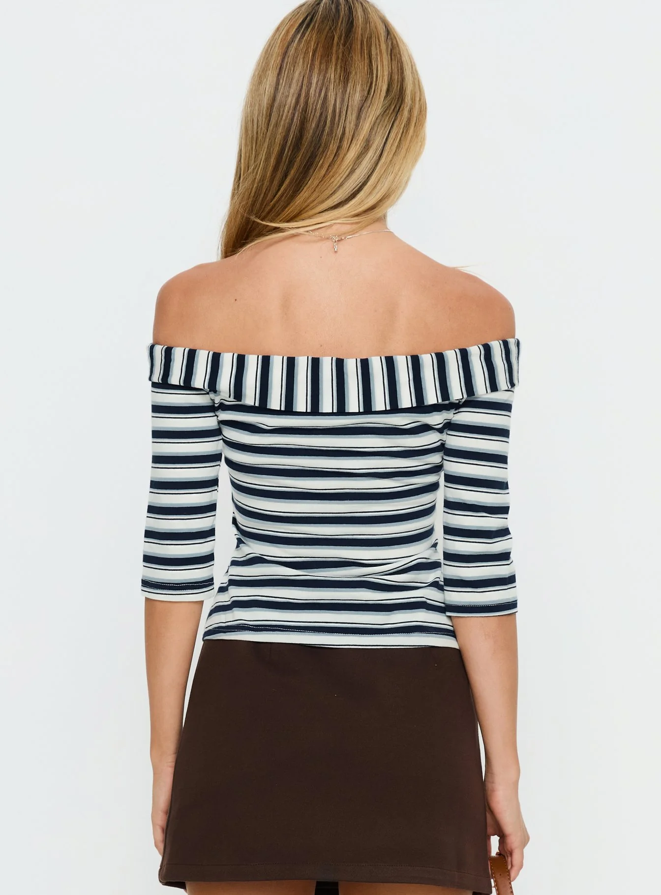 Shaylla Off Shoulder 3/4 Sleeve Top Blue Stripe