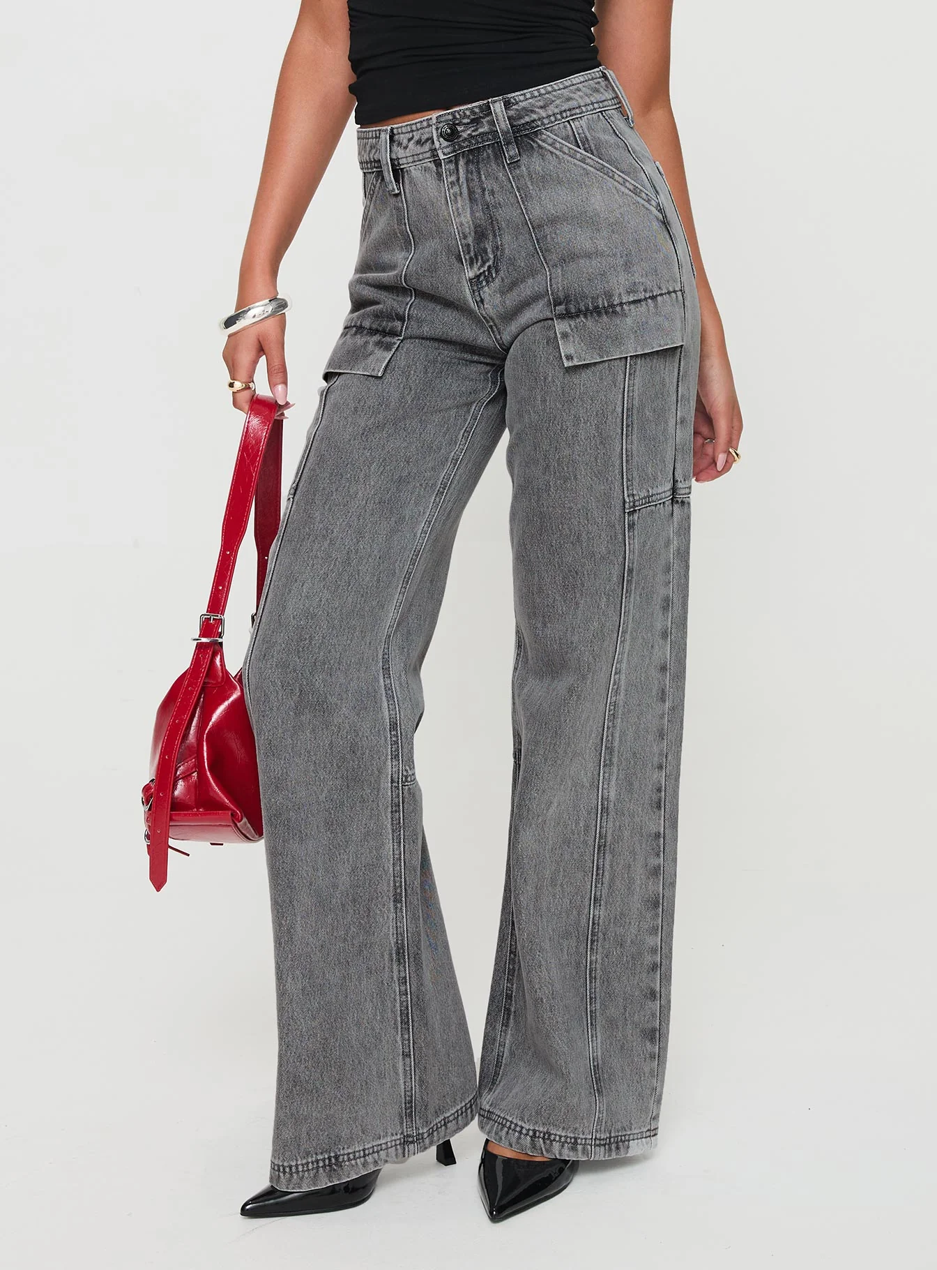 Chad High Rise Flared Cargo Jeans Washed Grey