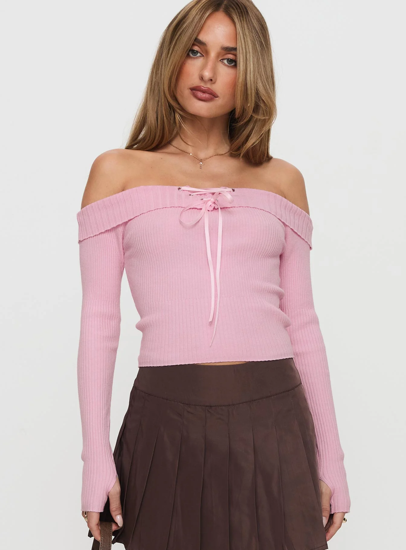 Nighttime Off Shoulder Knit Top Pink